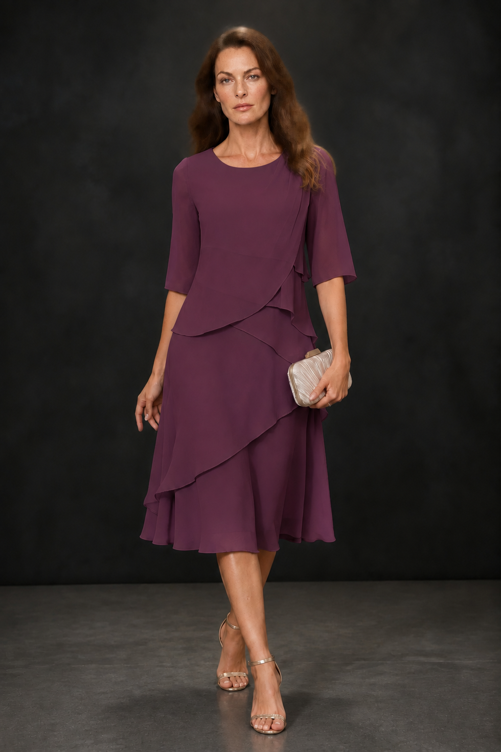 BOLODOO Plum Chiffon 3/4 Sleeve Asymmetric Tiered Tea Length Dress | Mother of the Bride Midi Dress - Plum