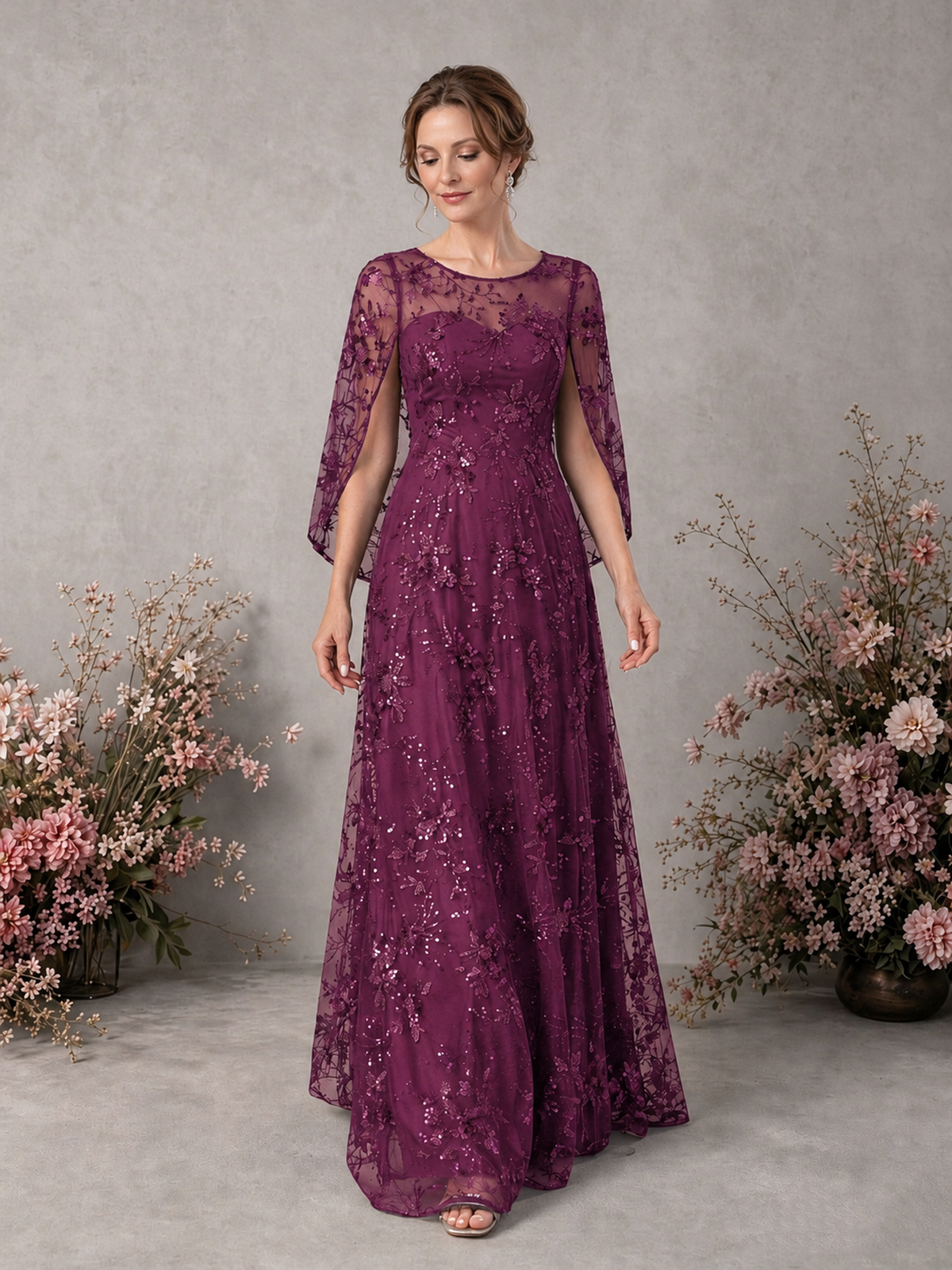 BOLODOO Plum Sequin Lace Cape Sleeve Formal Evening Gown - Plum - Plum_3