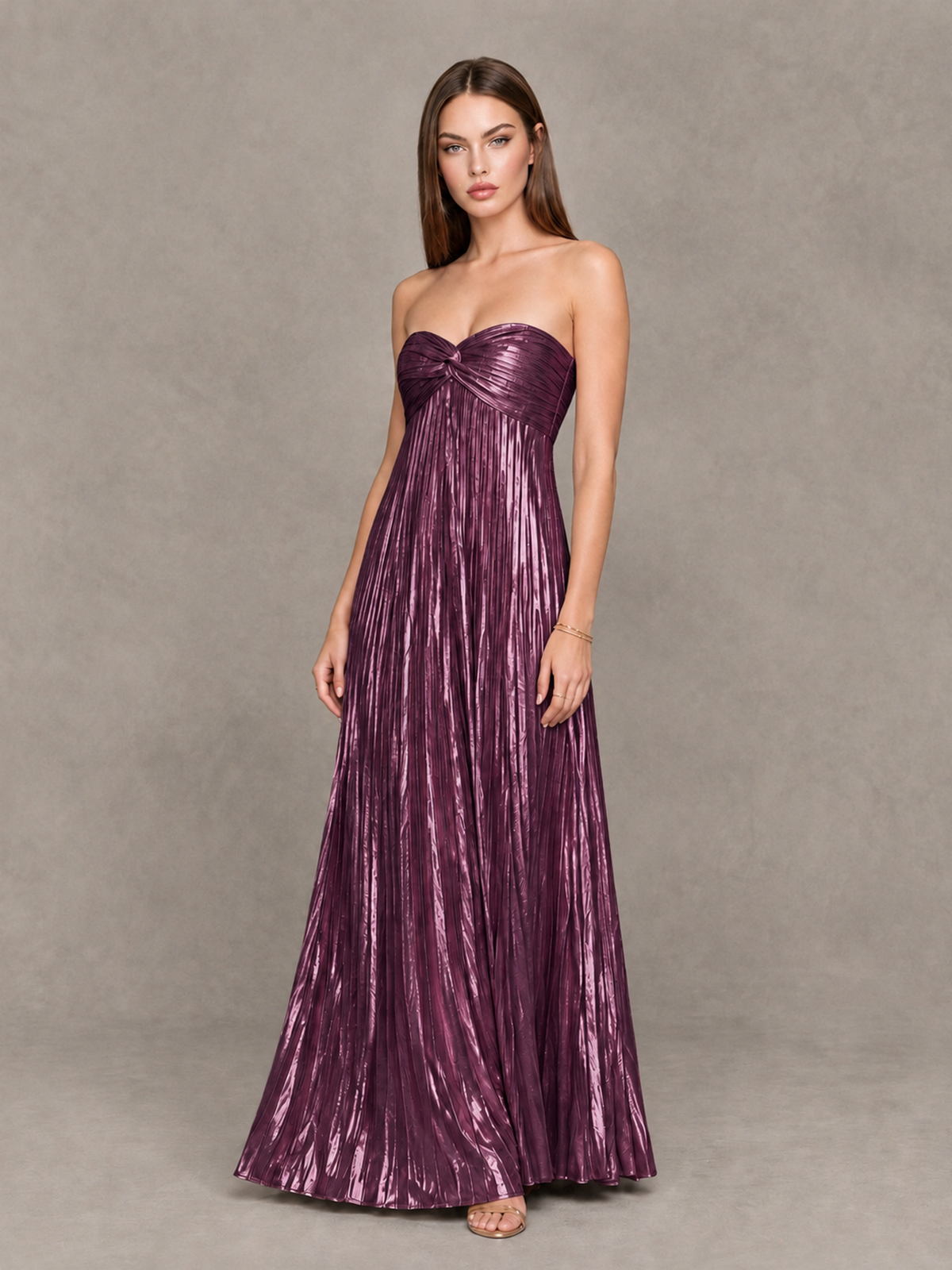 BOLODOO Plum Strapless Sweetheart Metallic Pleated Maxi Dress - Plum - Plum_3