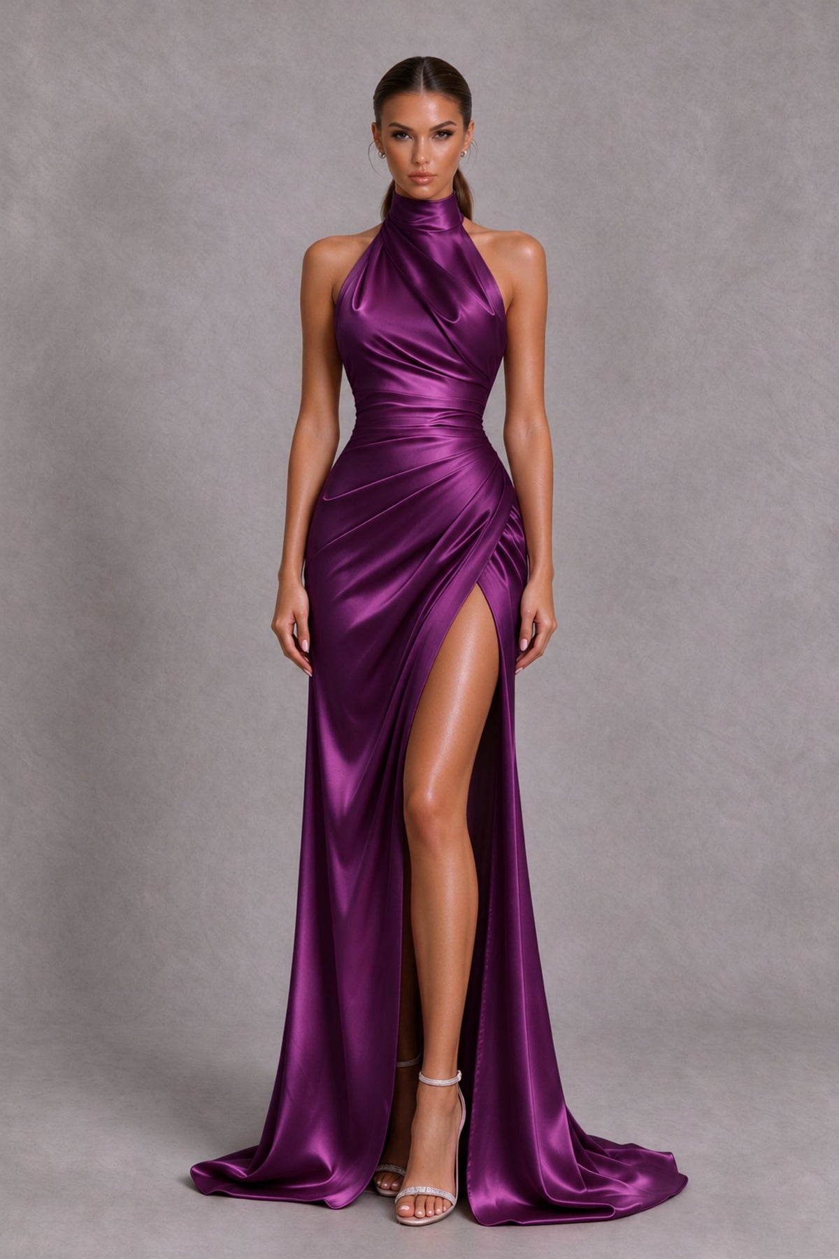 BOLODOO Plum Halter Satin-Look Evening Gown with High Slit - Plum - Plum_3