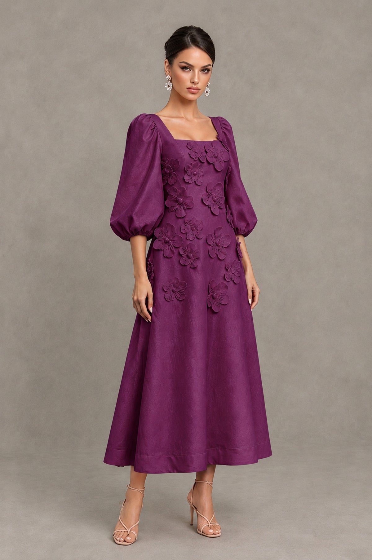 BOLODOO Plum 3D Floral Puff Sleeve Midi Cocktail Dress - Plum - Plum_3