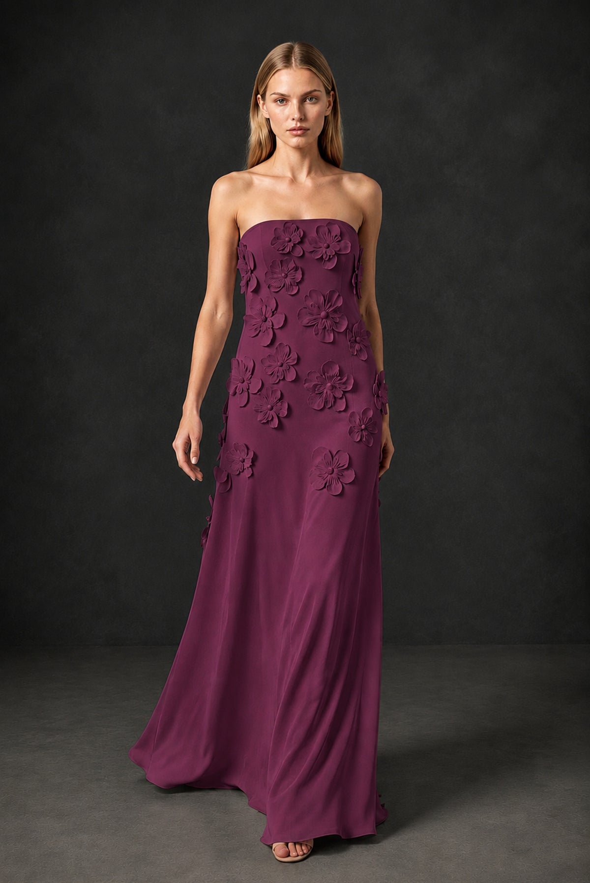 BOLODOO Plum Strapless 3D Floral Appliqué Crepe Maxi Gown - Plum