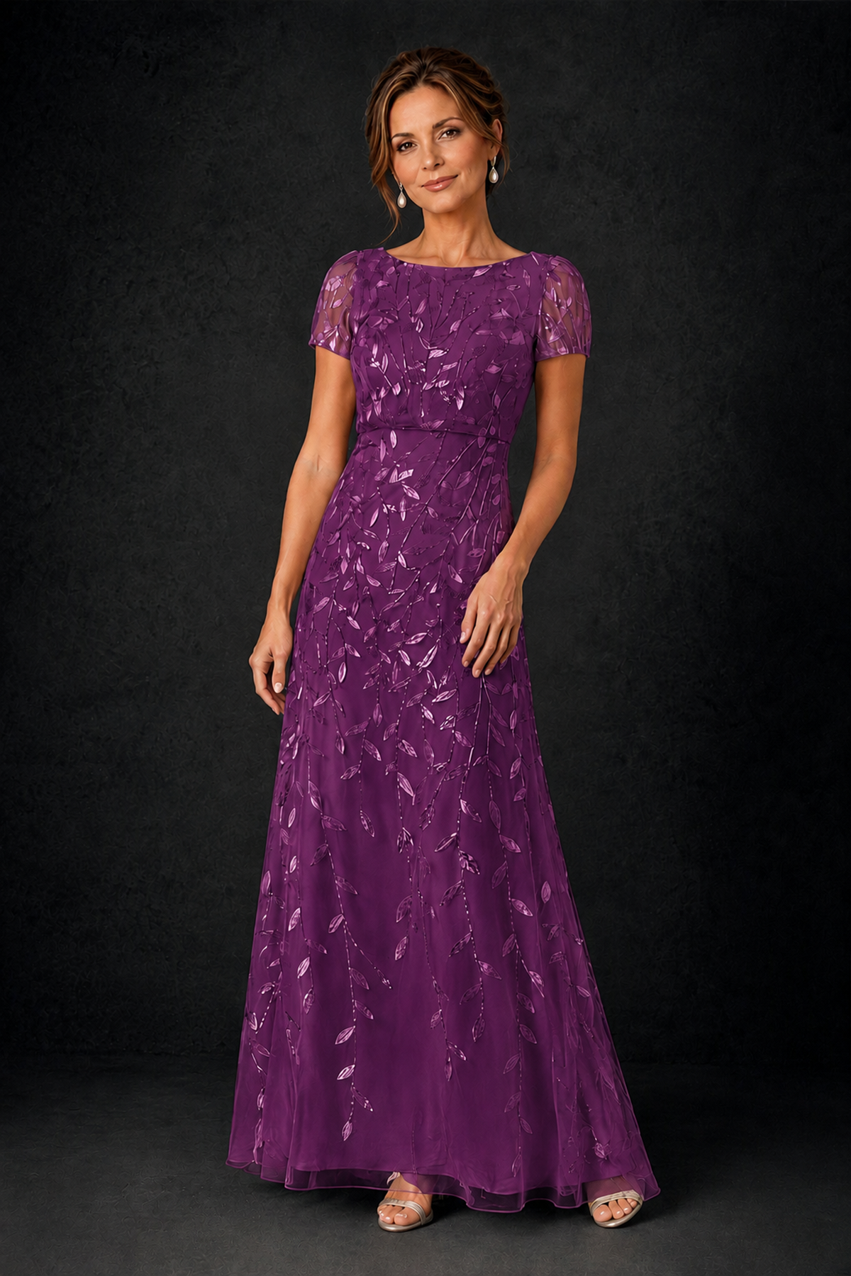 BOLODOO Plum Leaf Embroidered A-Line Formal Gown with Cap Sleeves - Plum - Plum_3
