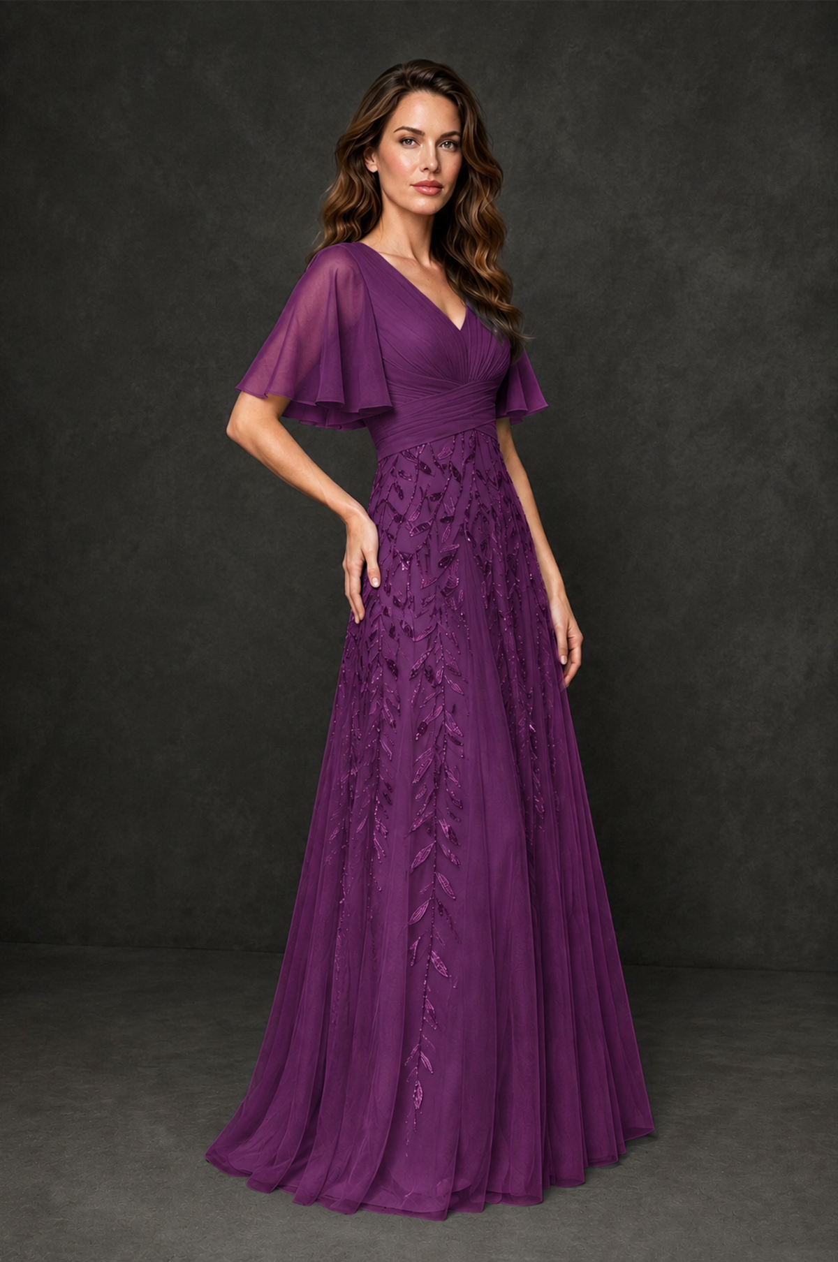 BOLODOO Plum V-Neck Flutter Sleeve Beaded Botanical Tulle A-Line Gown | Mother of the Bride Evening Dress - Plum - Plum_3