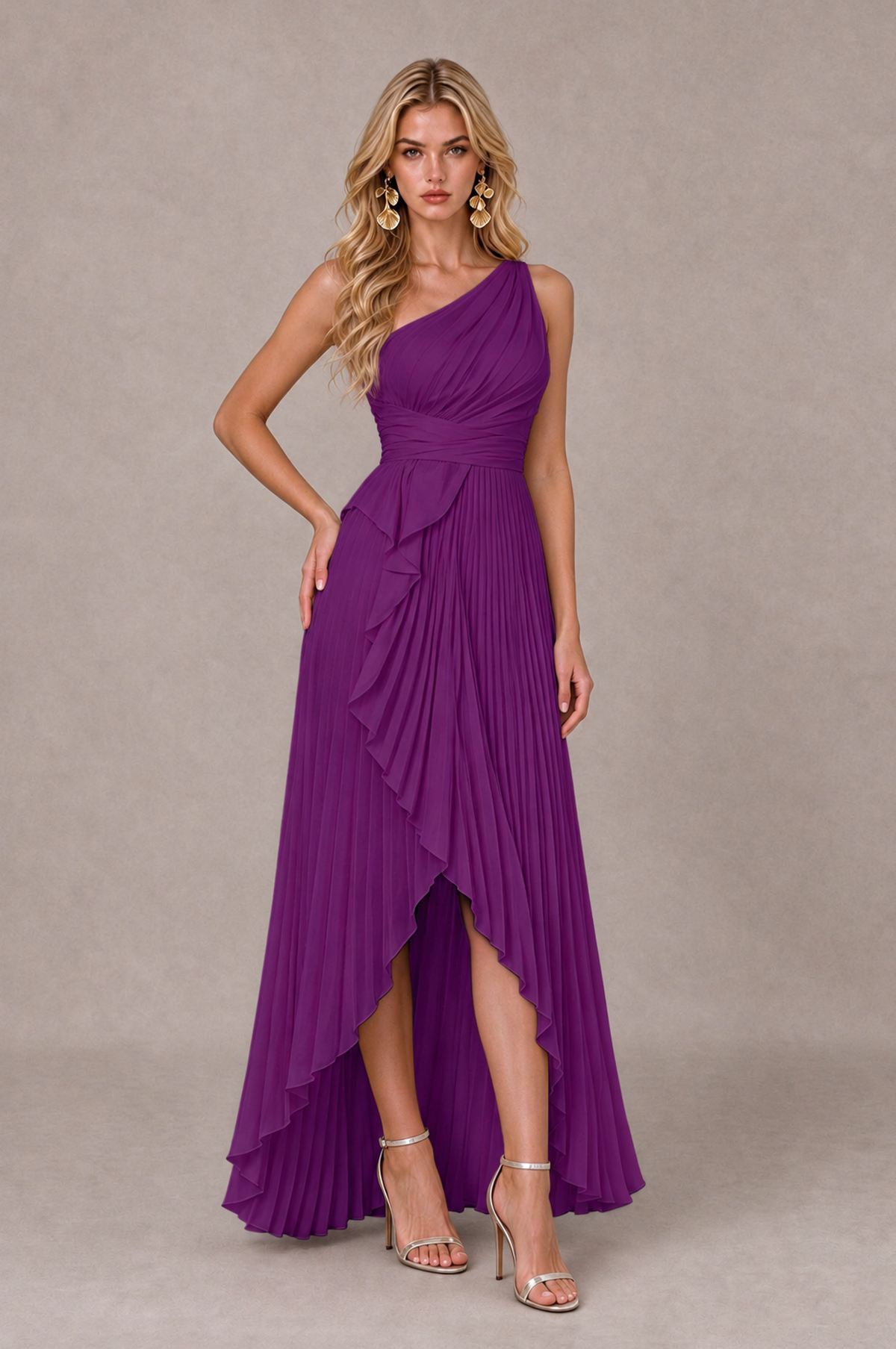 BOLODOO Plum One-Shoulder High-Low Ruffle Maxi Dress - Plum - Plum_3