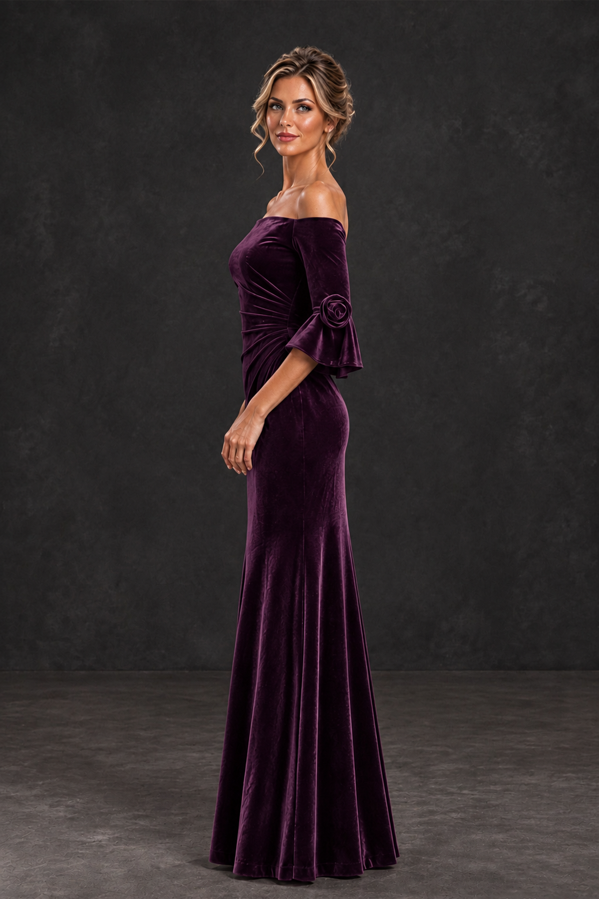 BOLODOO Plum Velvet Off-Shoulder Mother of the Bride Dress – 3/4 Floral Cuff Sleeve Mermaid Evening Gown - Plum - Plum_3