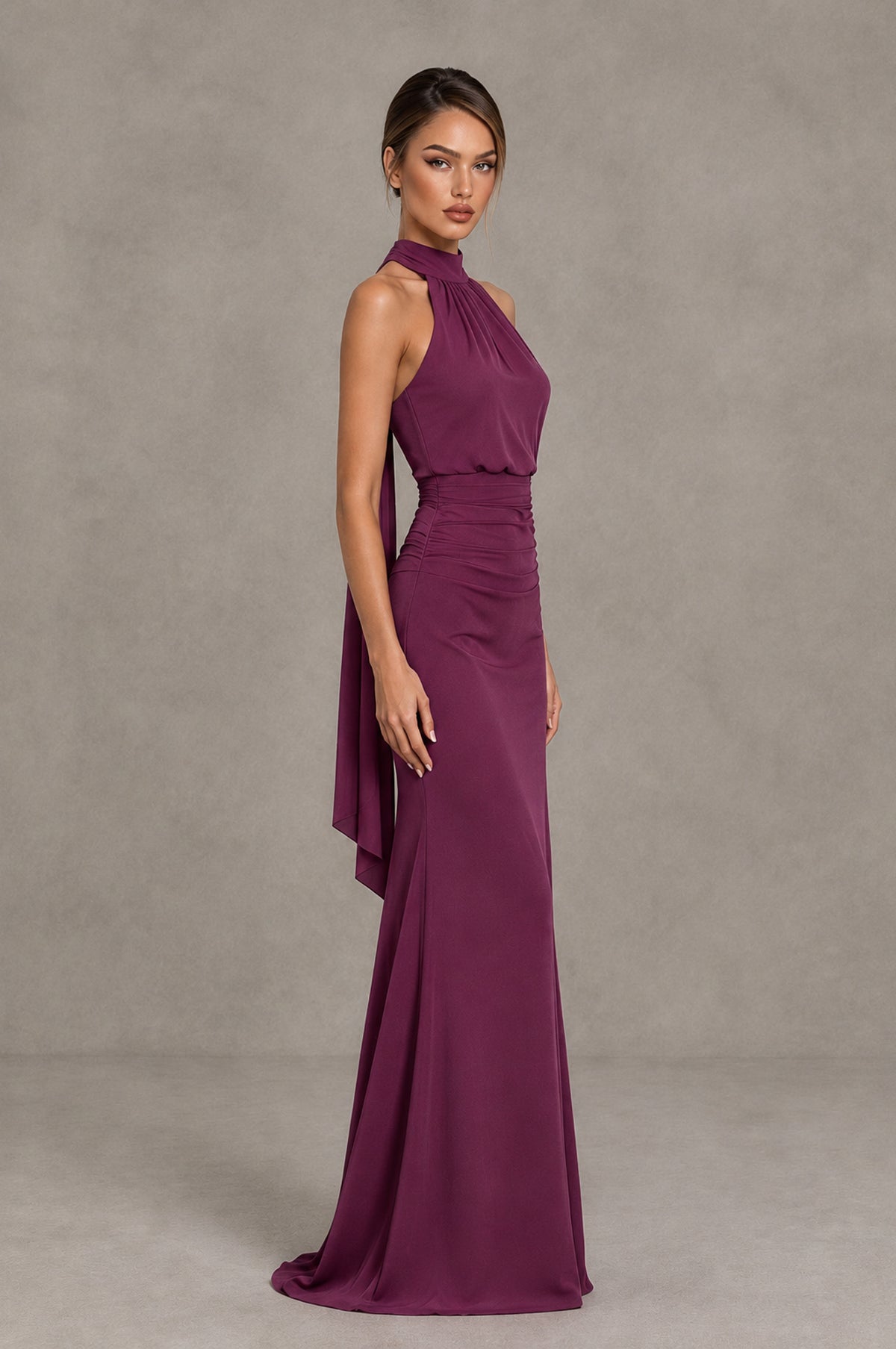 BOLODOO Plum Chiffon Halter Maxi Formal Wedding Guest Dress - Plum - Plum_3