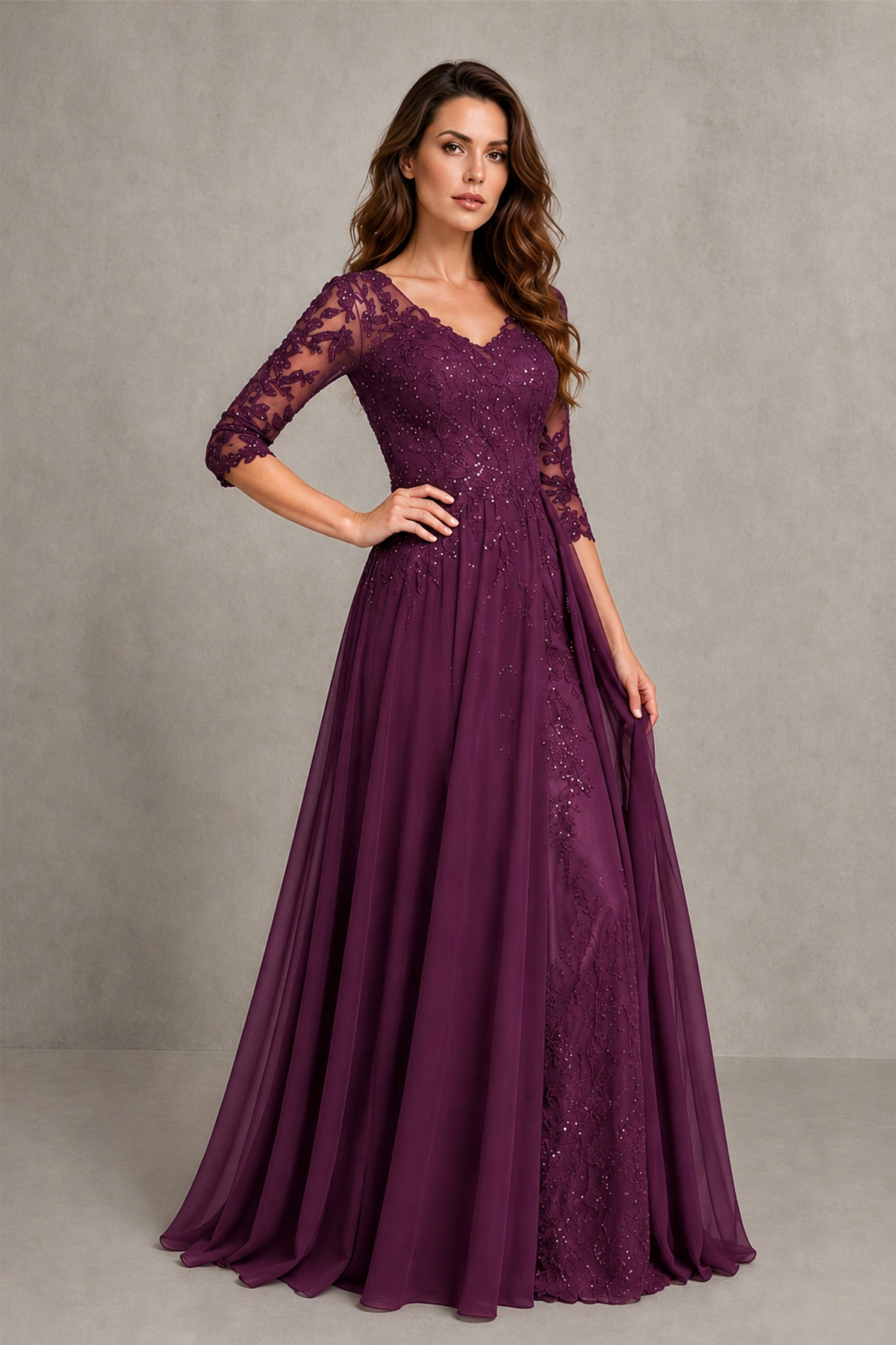 BOLODOO Midnight Plum Beaded Lace Appliqué Chiffon A-Line Gown | Mother of the Bride & Formal Evening Dress - Plum - Plum_3