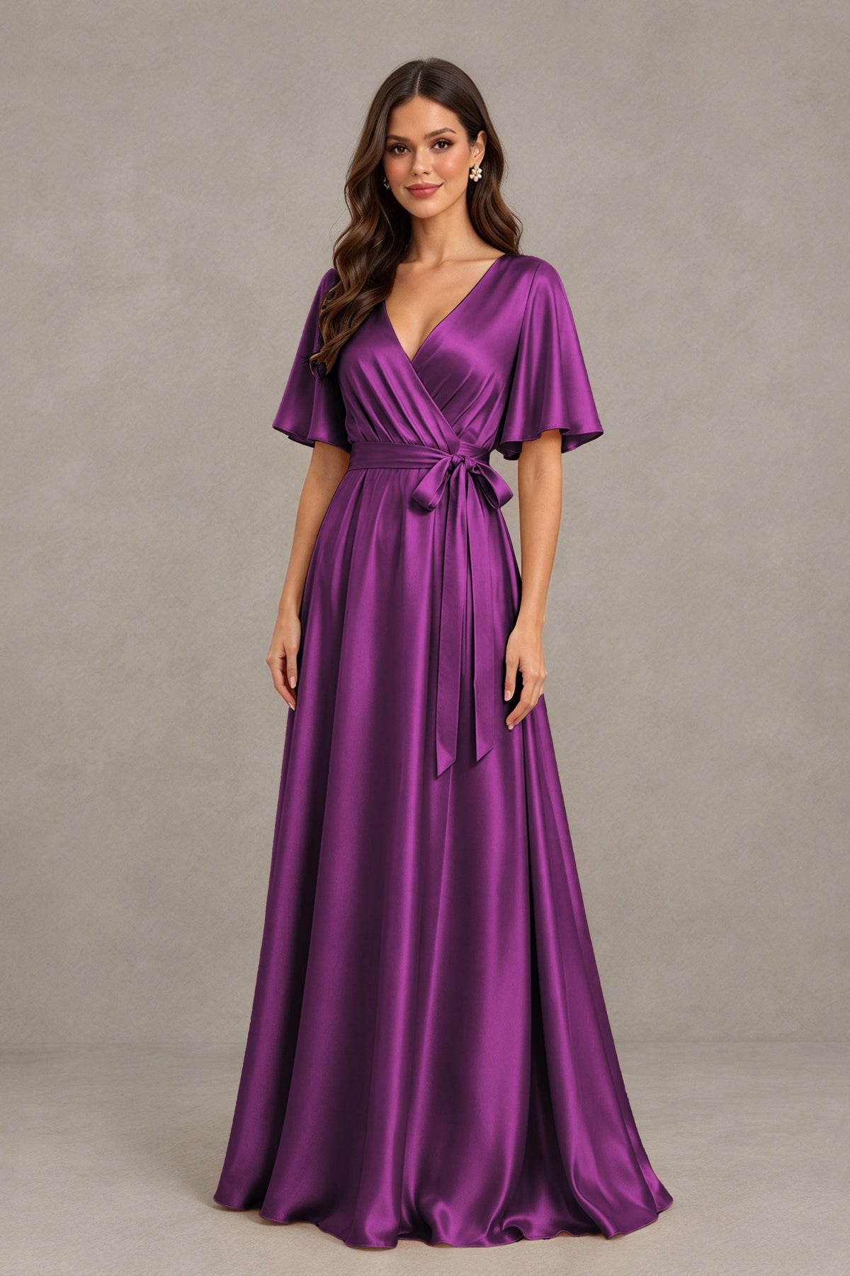 BOLODOO Plum Satin V-Neck Flutter Sleeve Bridesmaid Dress with Slit - Plum - Plum(3)