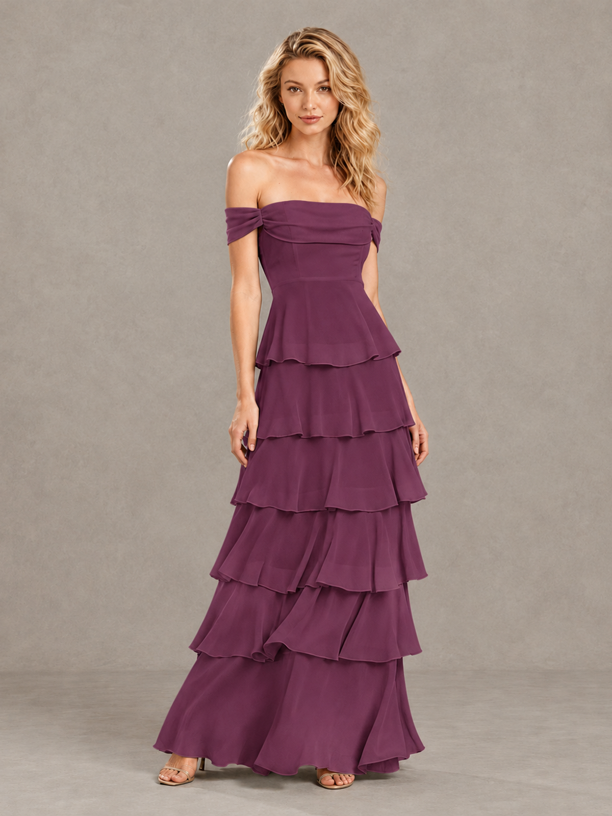 BOLODOO Plum Off-Shoulder Tiered Ruffle Bridesmaid Dress with Lace-Up Back - Plum - Plum_3