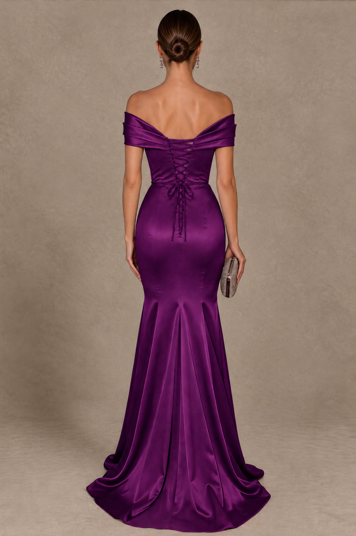 BOLODOO Plum Off-the-Shoulder Ruched Satin Mermaid Evening Dress - Plum - Plum_3