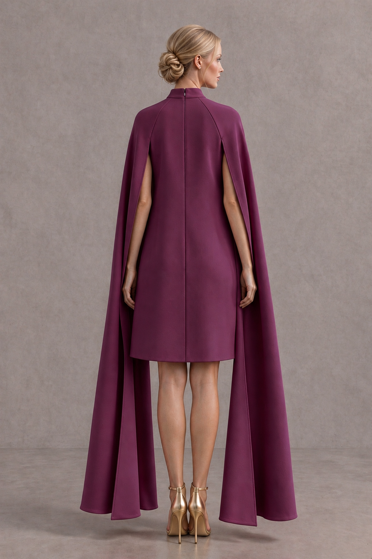 BOLODOO Plum High Neck Floral Cape Mini Cocktail Dress - Plum - Plum_3