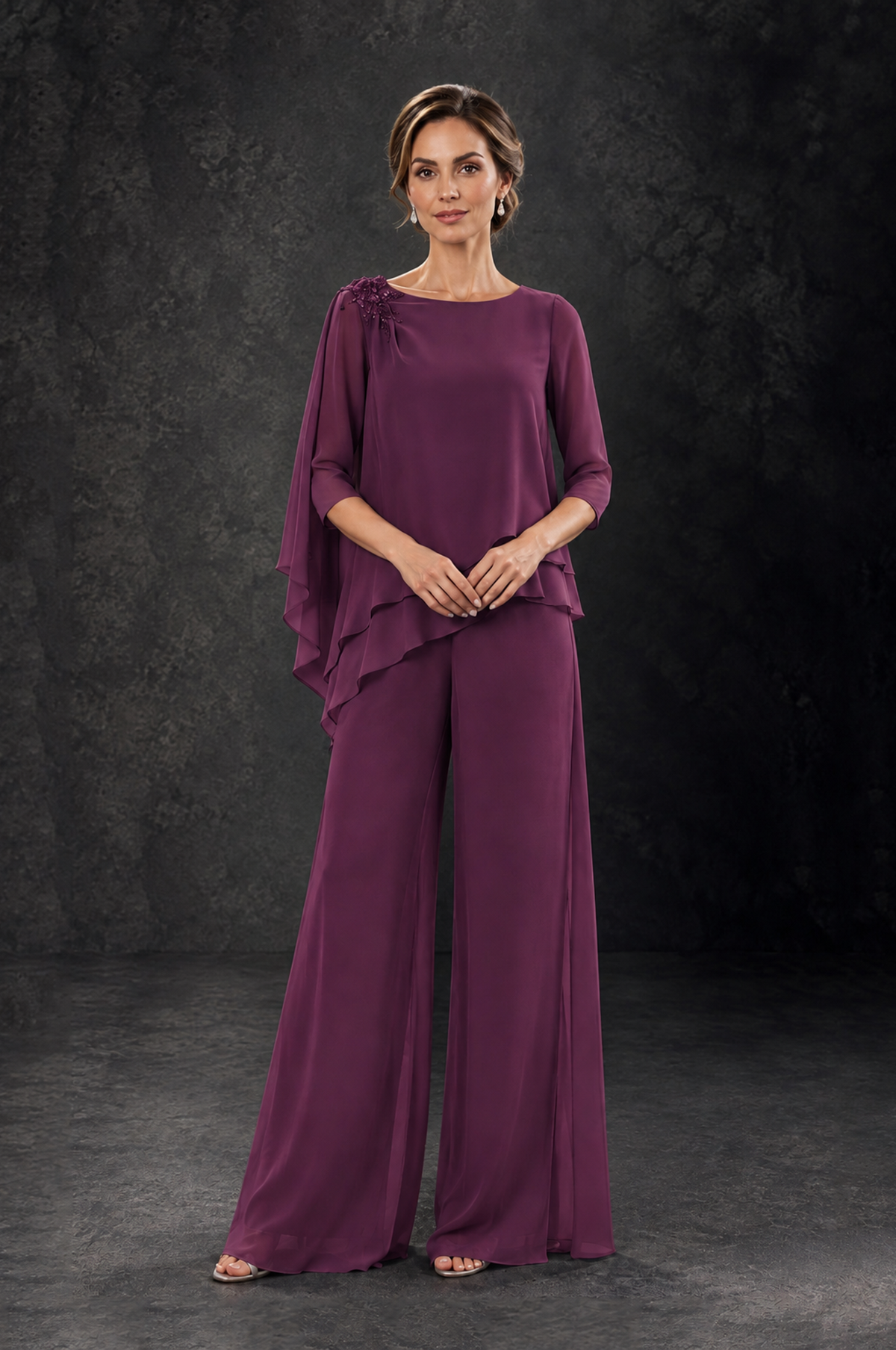 BOLODOO Plum Layered Wide-Leg Mother of the Bride Pant Suit - Plum - Plum_3