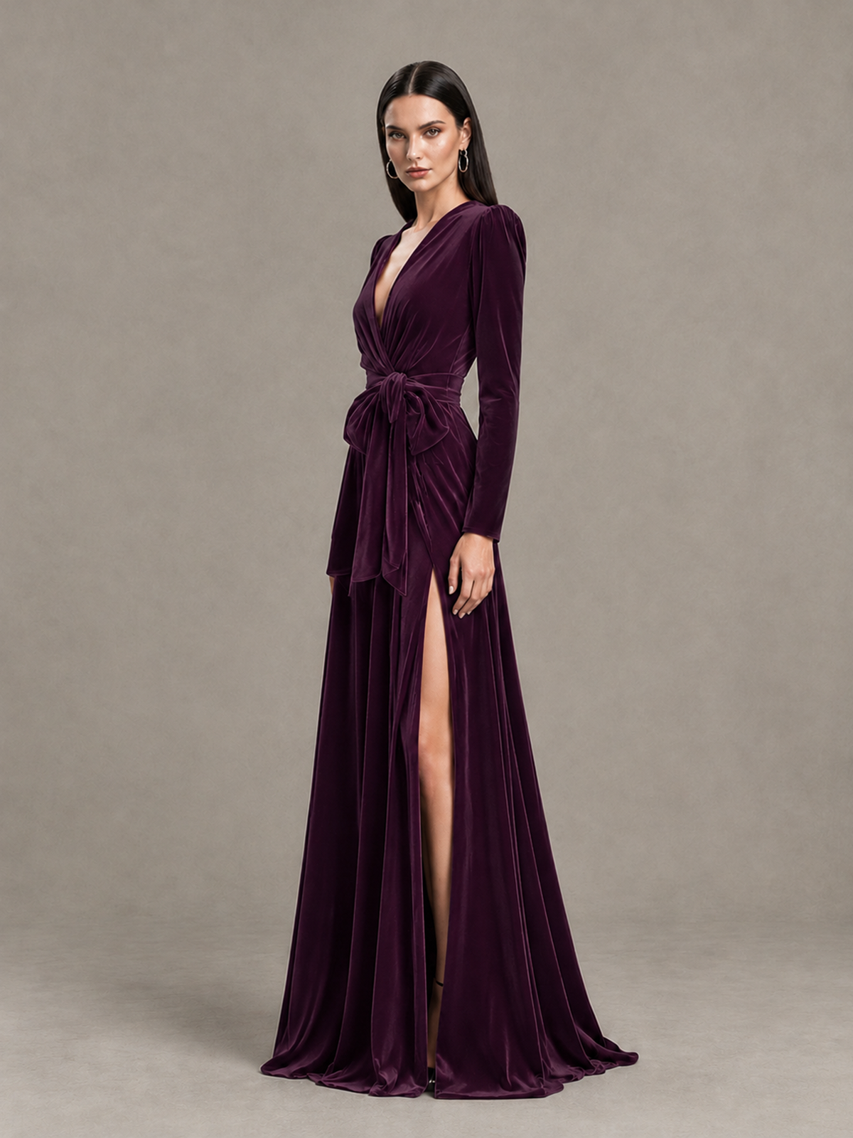 BOLODOO Plum Long Sleeve Velvet-Look Evening Dress with High Slit - Plum - Plum_3