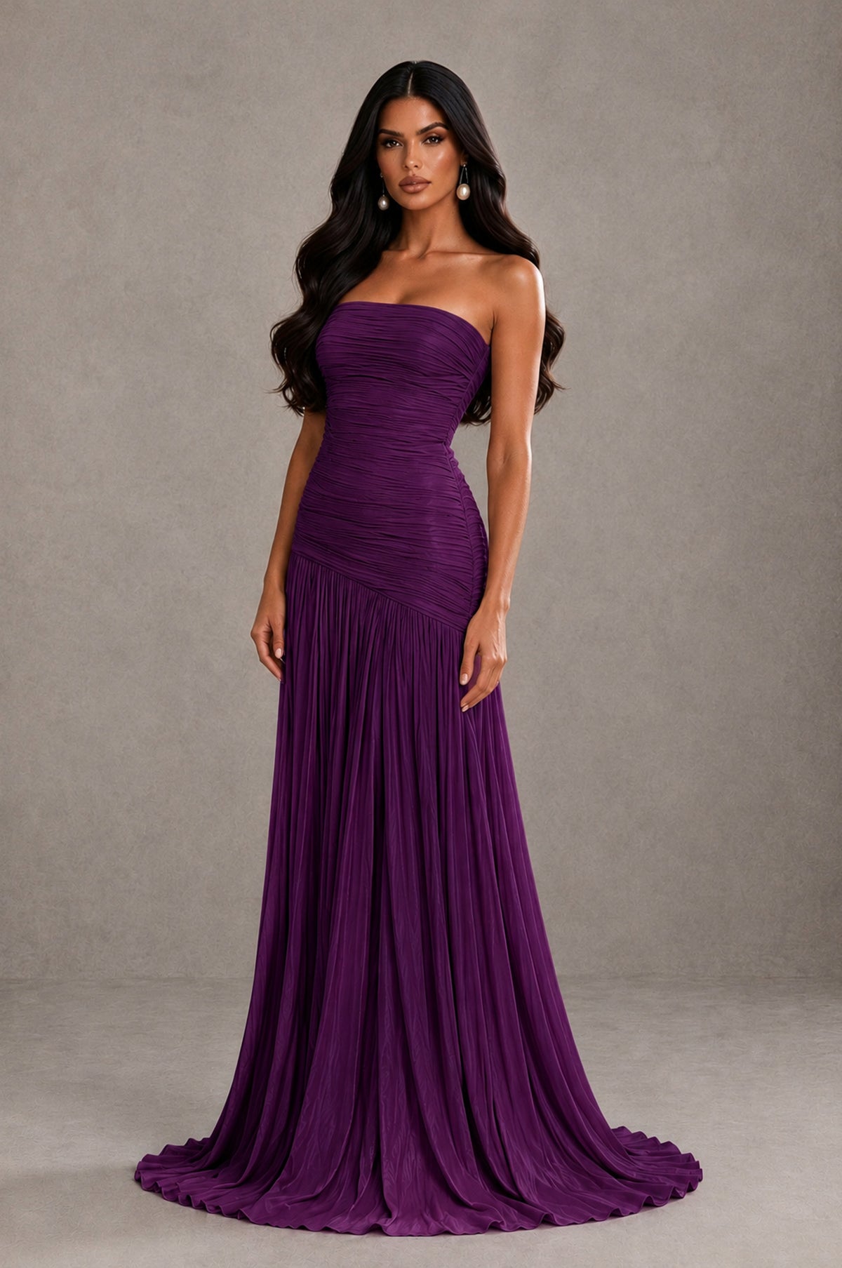 BOLODOO Plum Metallic Ruched Strapless Pleated A-Line Backless Maxi Dress with Train - Plum - Plum_3