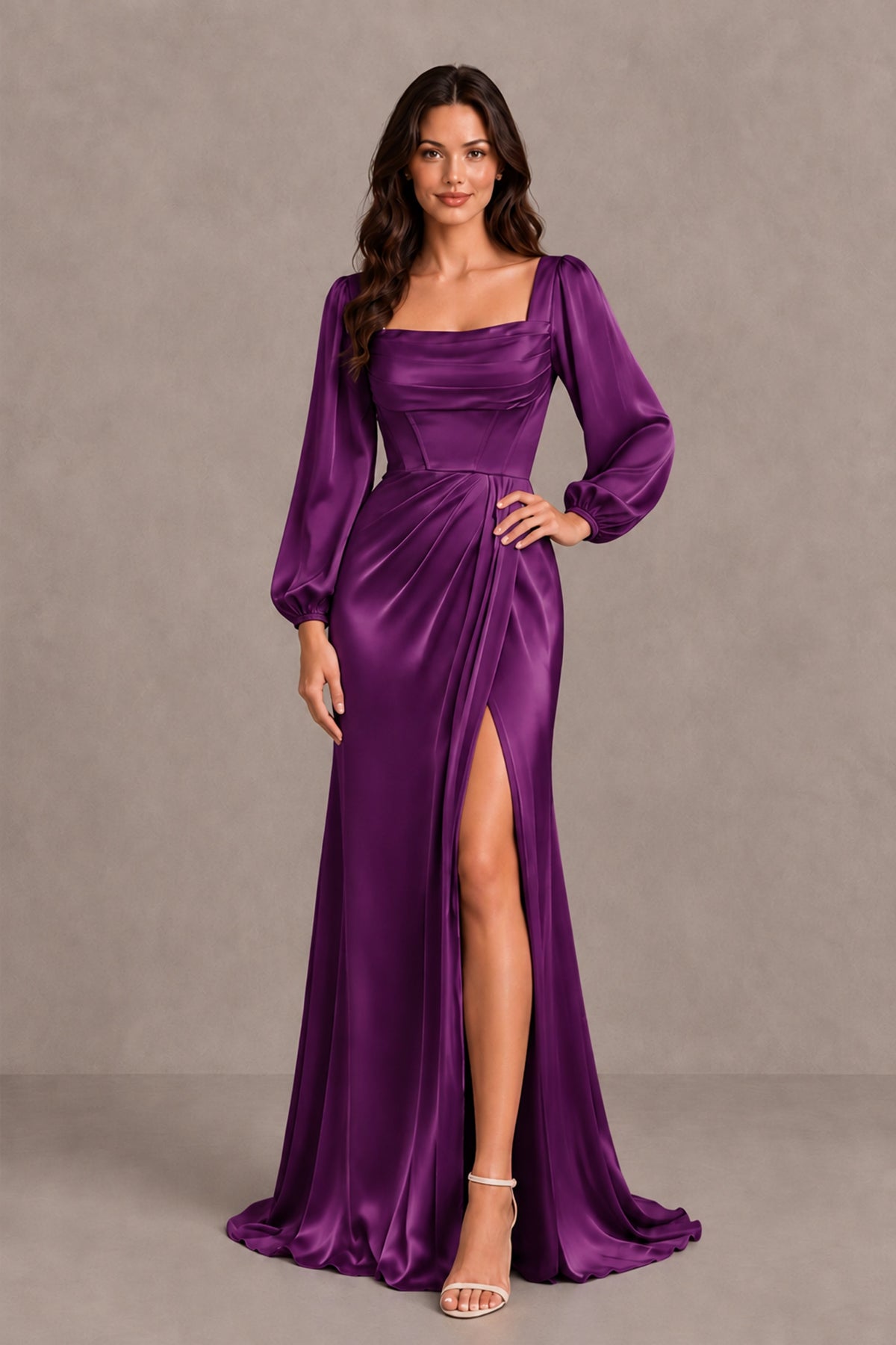 BOLODOO Plum Satin-Look Long Sleeve Evening Dress with High Slit - Plum - Plum_3