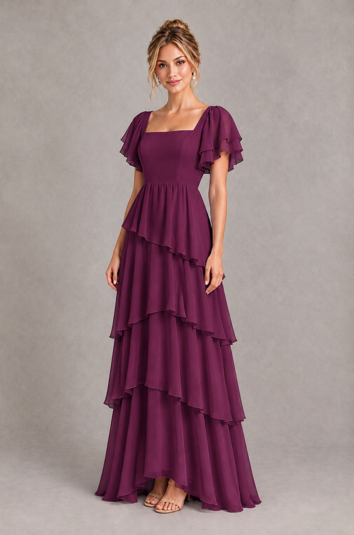 BOLODOO Plum Square Neck Flutter Sleeve Tiered Chiffon Bridesmaid Dress with Lace-Up Back - Plum - Plum_3