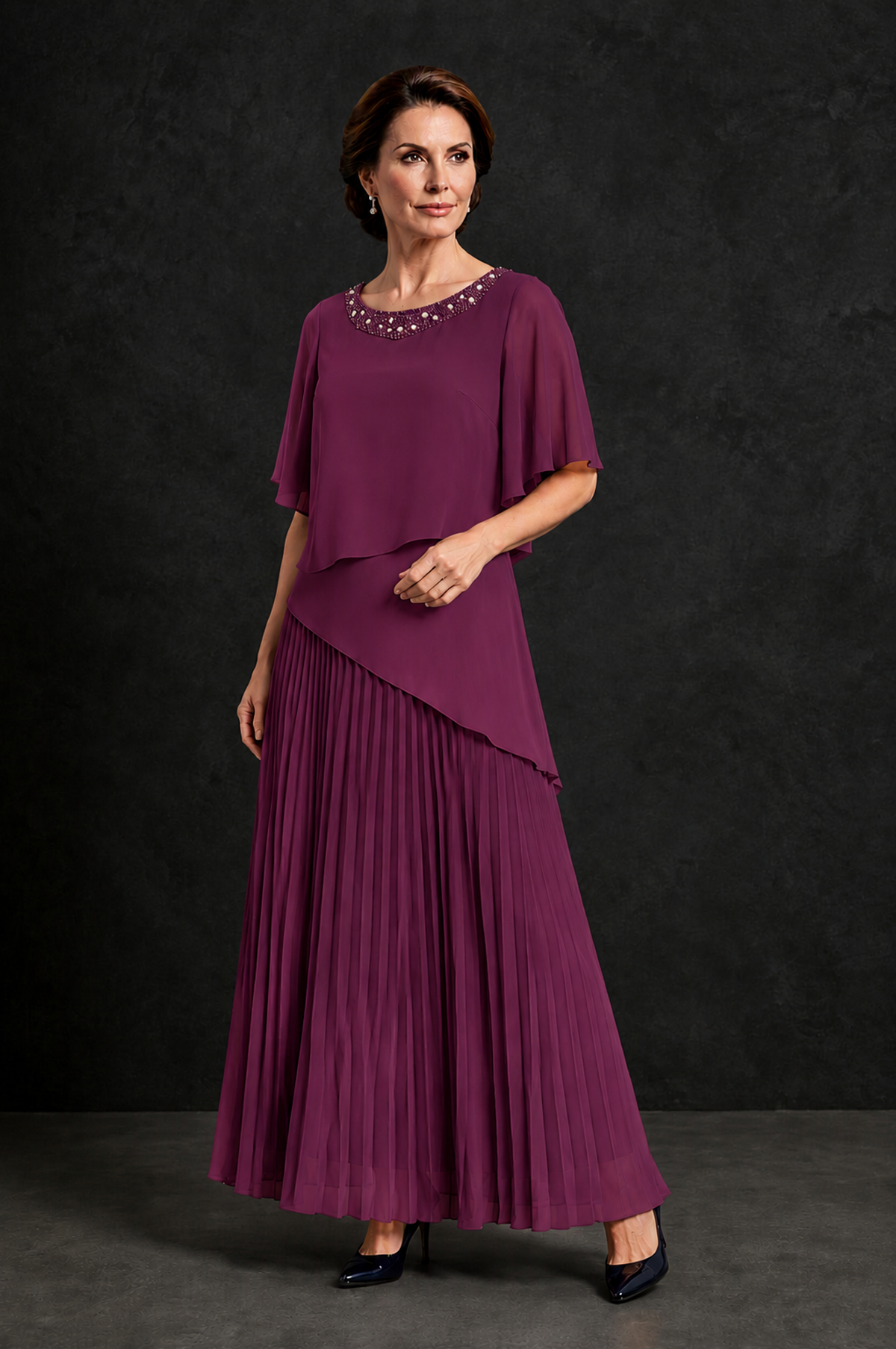 BOLODOO Plum Pearl Beaded Neck Asymmetric Tiered Flutter Sleeve Pleated Chiffon Maxi Dress - Plum - Plum_3