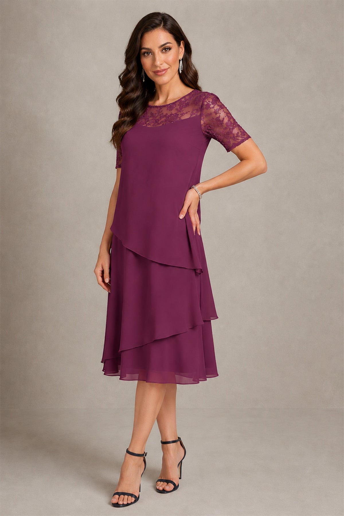 BOLODOO Plum Illusion Lace Short Sleeve Tiered Chiffon Tea Length Dress | Mother of the Bride Midi Dress - Plum