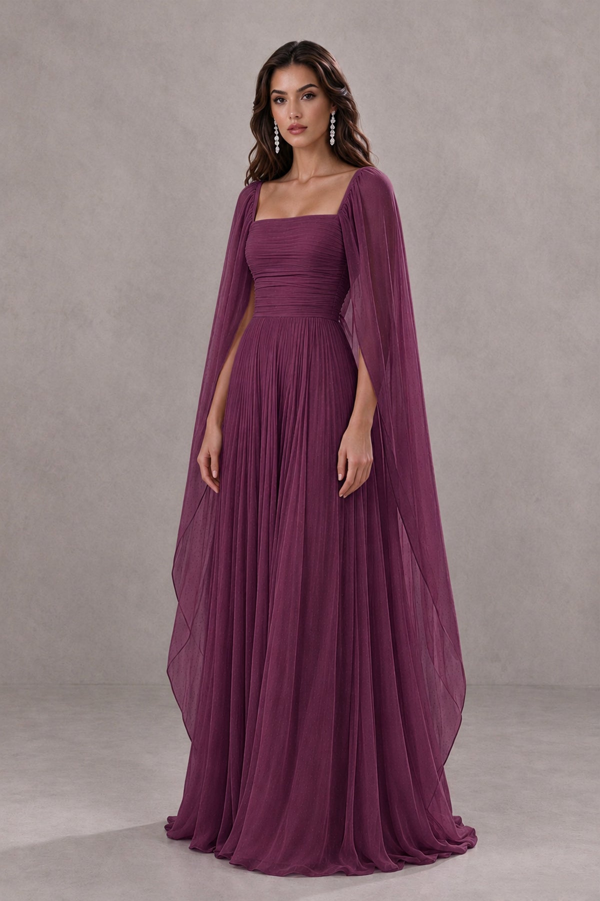 BOLODOO Plum Square Neck Cape Sleeve A-Line Evening Dress - Plum - Plum_3