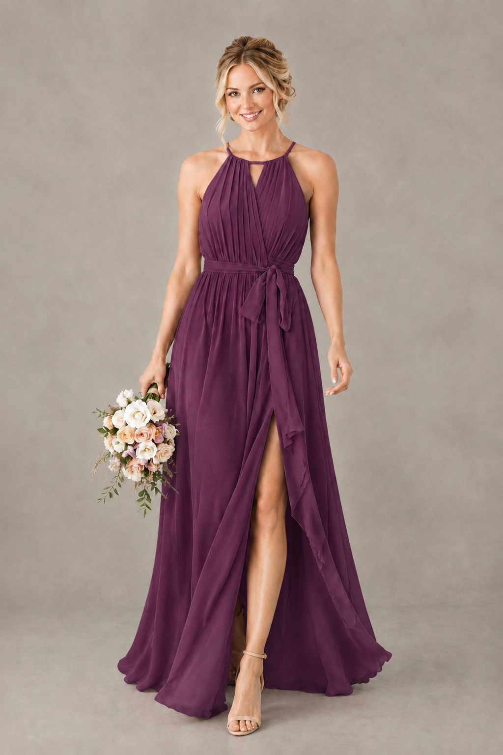 BOLODOO Plum Halter Chiffon Bridesmaid Dress with High Slit - Plum