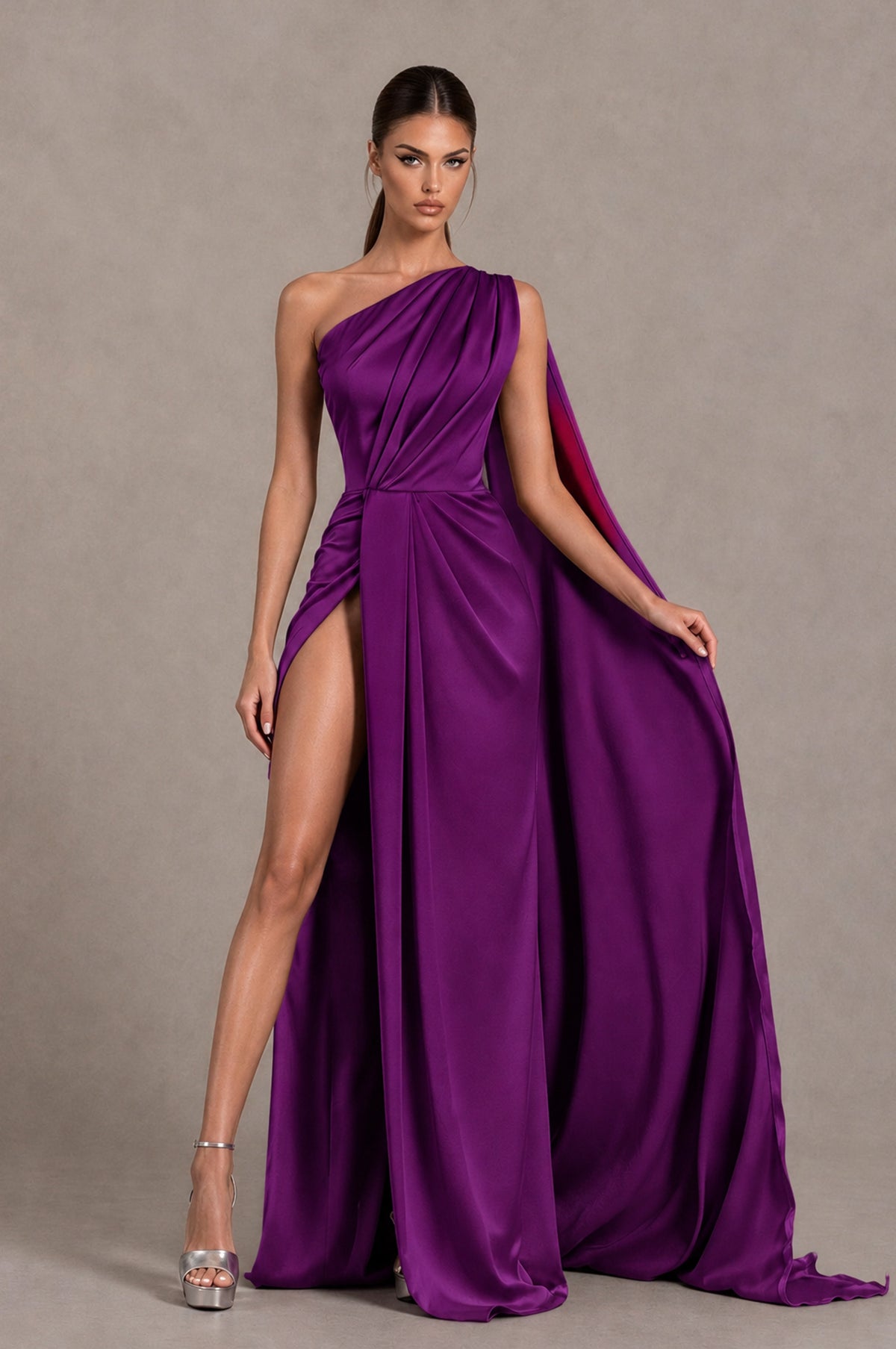 BOLODOO Plum One Shoulder Satin Evening Dress with High Slit and Draped Cape Train - Plum - Plum_3