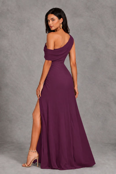 Plum One-Shoulder Floor-Length Evening Gown with High Slit - Plum