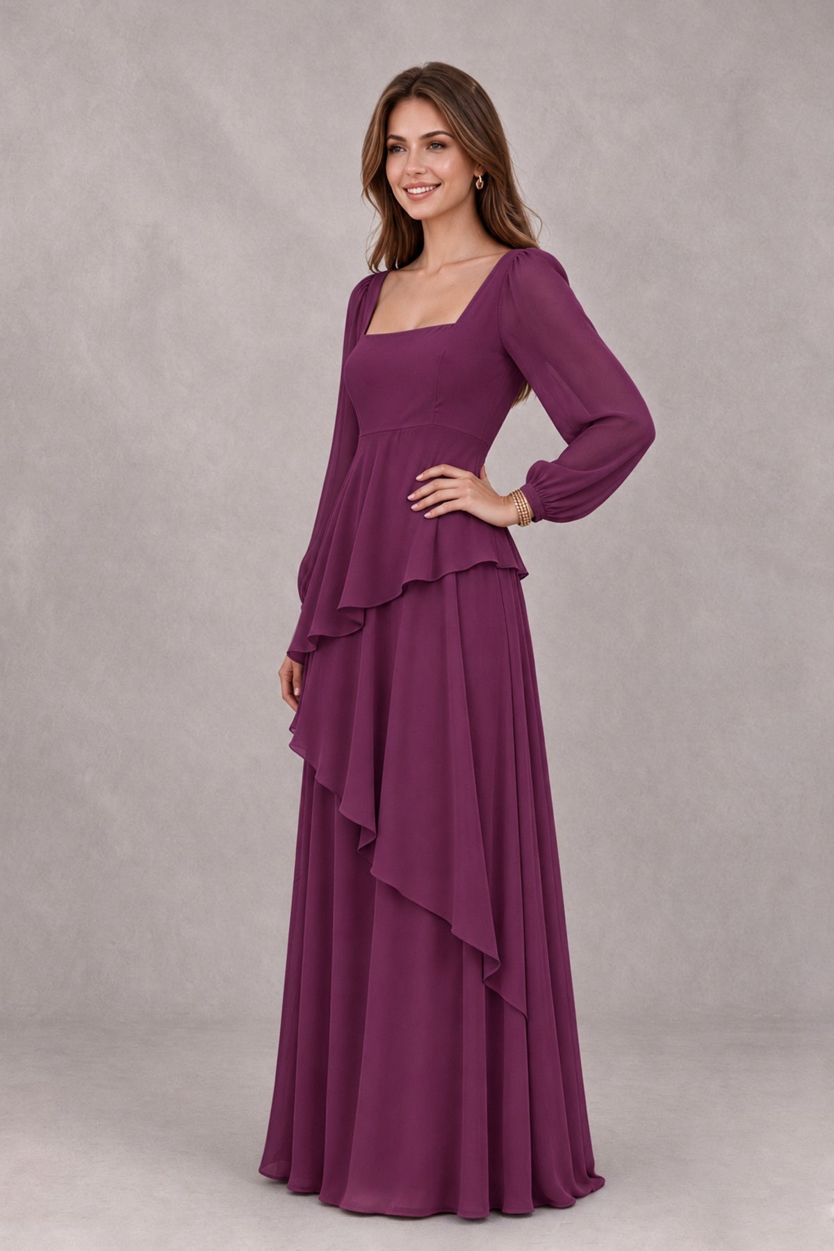 BOLODOO Plum Long Sleeve Ruffle Bridesmaid Dresses - Plum - Plum_3