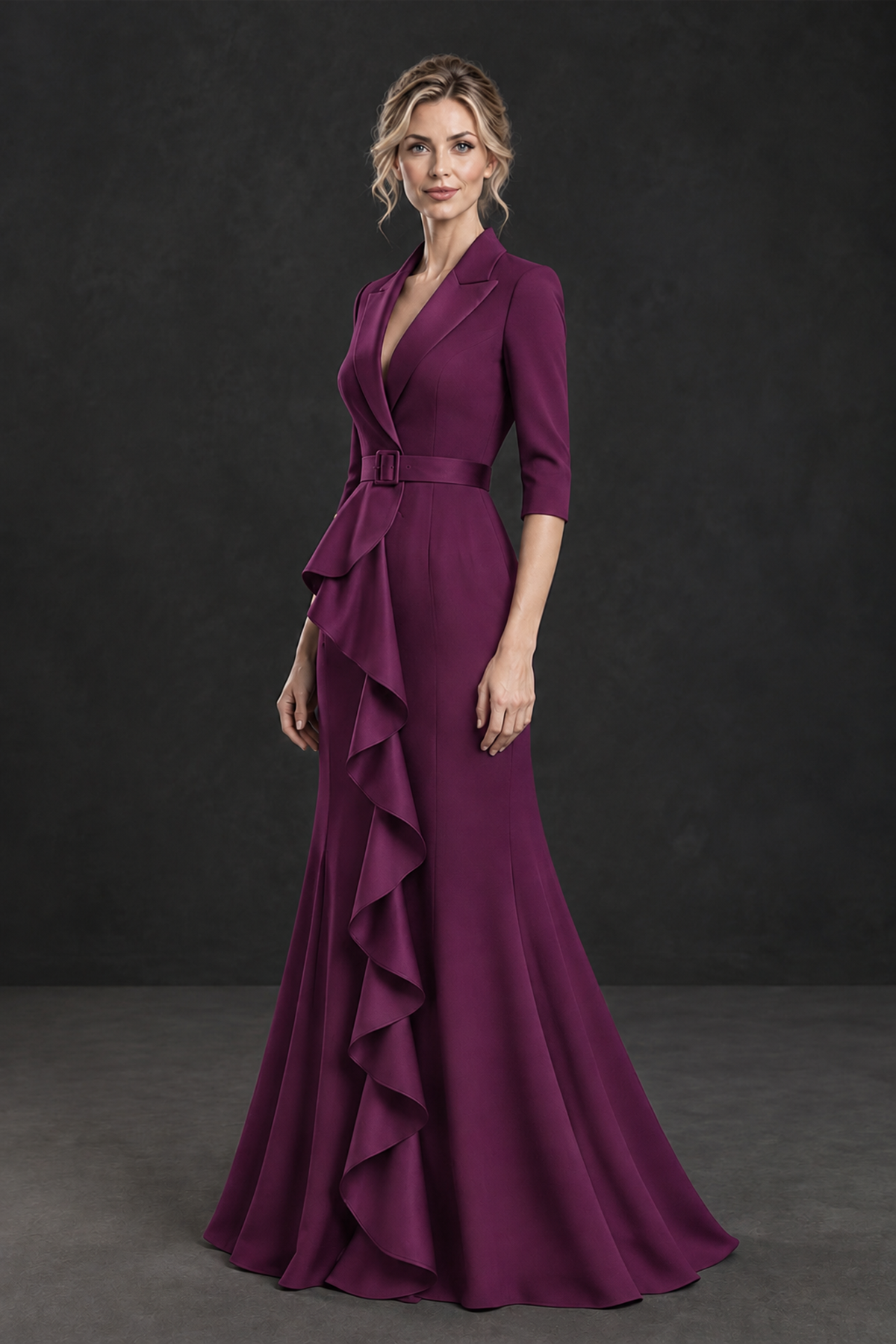 BOLODOO Plum Lapel Ruffle Mother of the Bride Dress with Belt - Plum - Plum_3