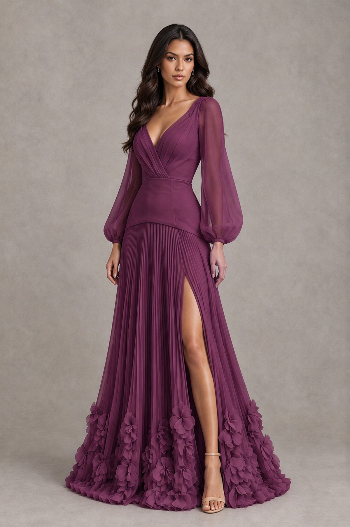 BOLODOO Plum V-Neck Long Sleeve Pleated Floral Hem Evening Dress - Plum - Plum_3