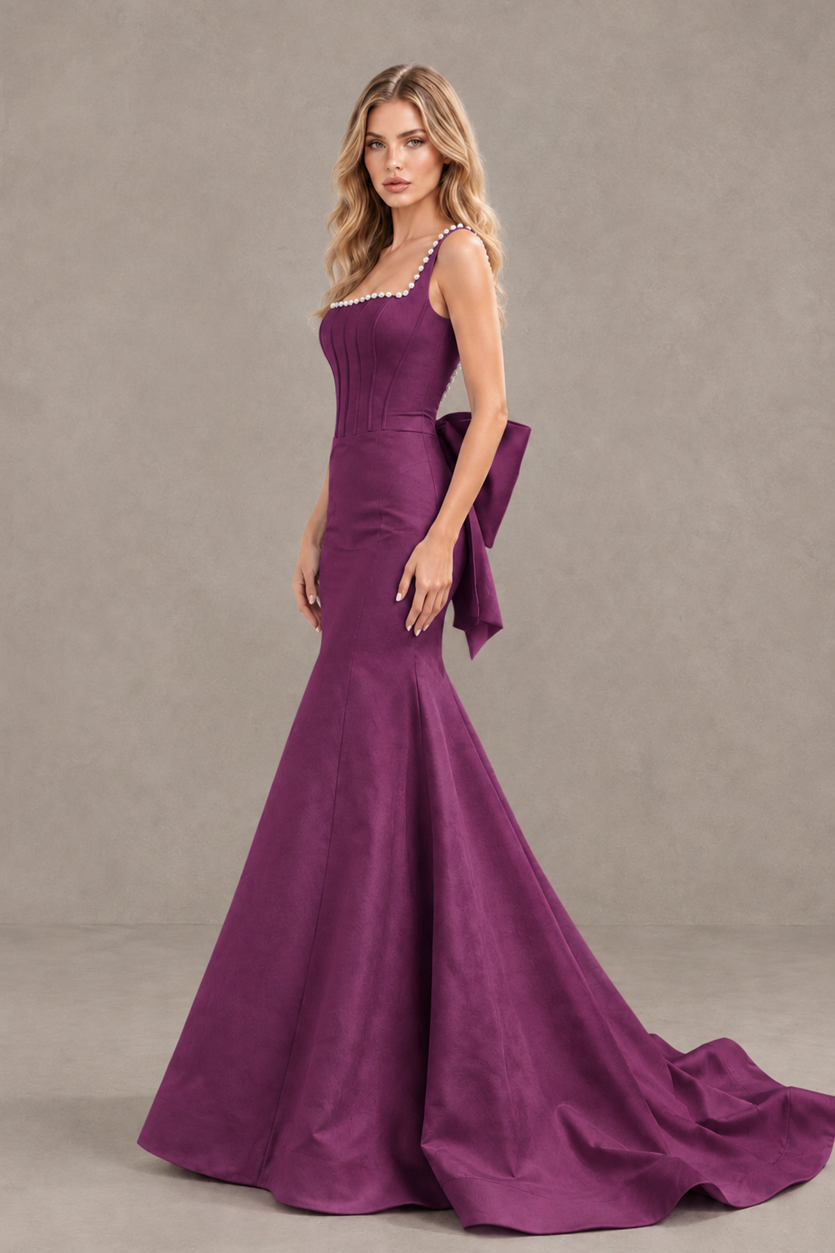 BOLODOO Plum Pearl-Trim Mermaid Prom Dress with Back Bow - Plum - Plum_3