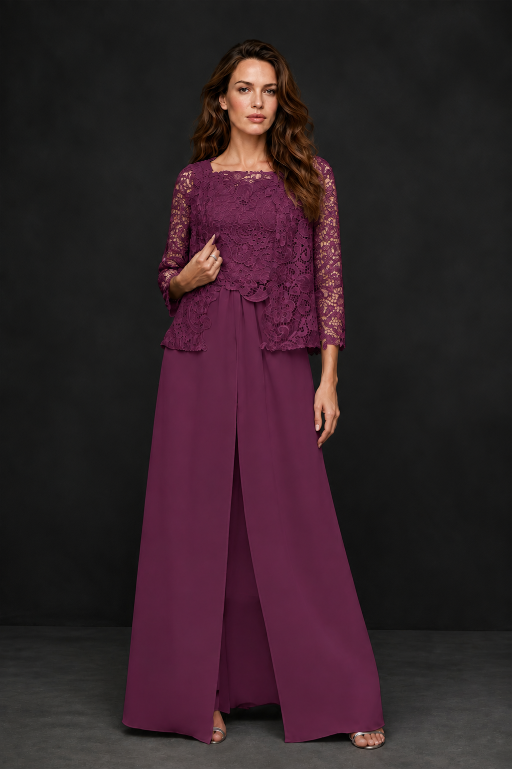 BOLODOO Plum Grey Lace Peplum Top & Wide-Leg Chiffon Pants Set | Mother of the Bride & Formal Evening Outfit - Plum