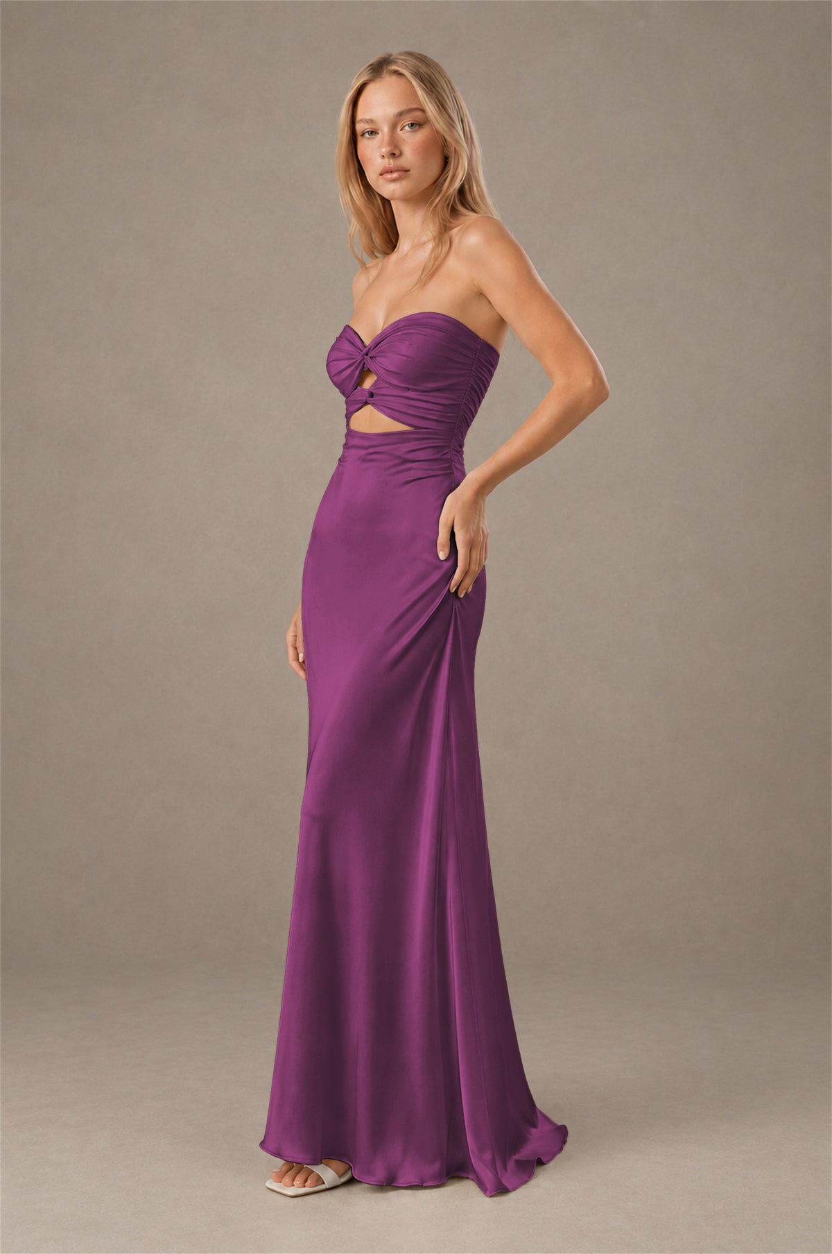 BOLODOO Plum Sweetheart Strapless Twist Knot Cutout Lace-Up Back Satin Mermaid Maxi Dress - Plum - Plum(3)