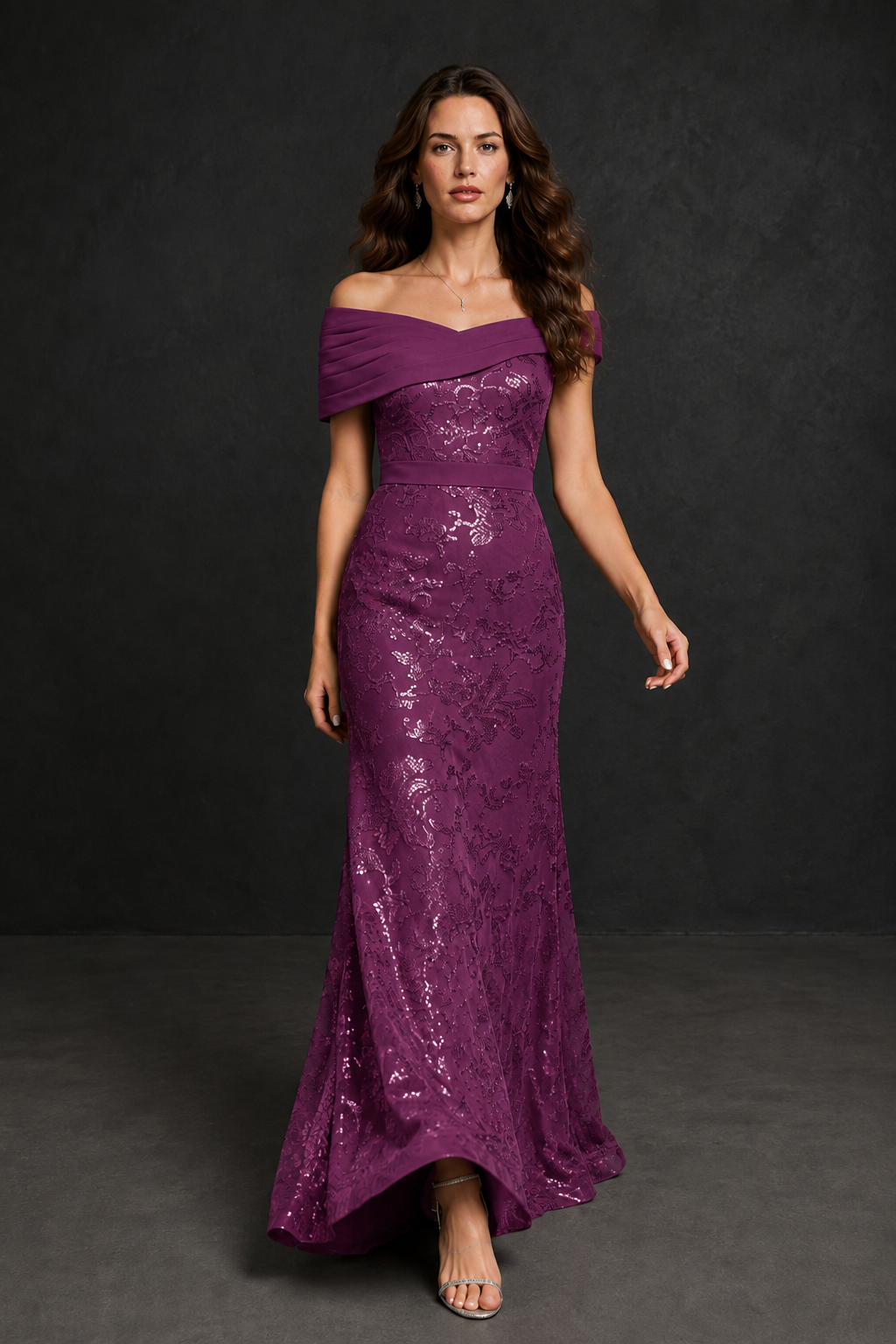 BOLODOO Plum Off-Shoulder Sequin Lace Mermaid Evening Gown | Mother of the Bride Formal Dress - Plum