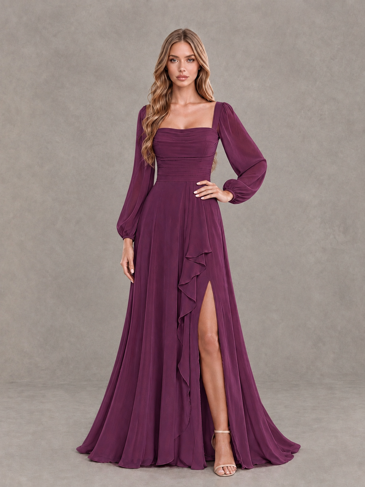 BOLODOO Plum Square Neck Long Sleeve Bridesmaid Dress with Ruffle Slit - Plum - Plum_3