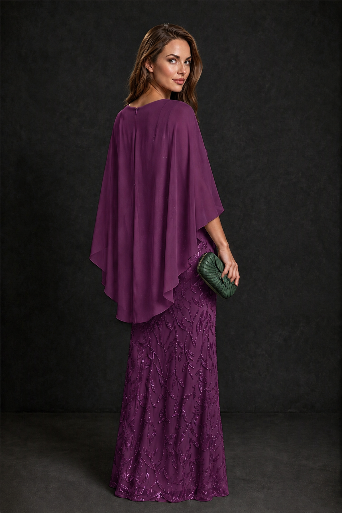 BOLODOO Plum Round Neck Chiffon Cape Overlay Sequin Lace Mermaid Maxi Dress - Plum - Plum_3