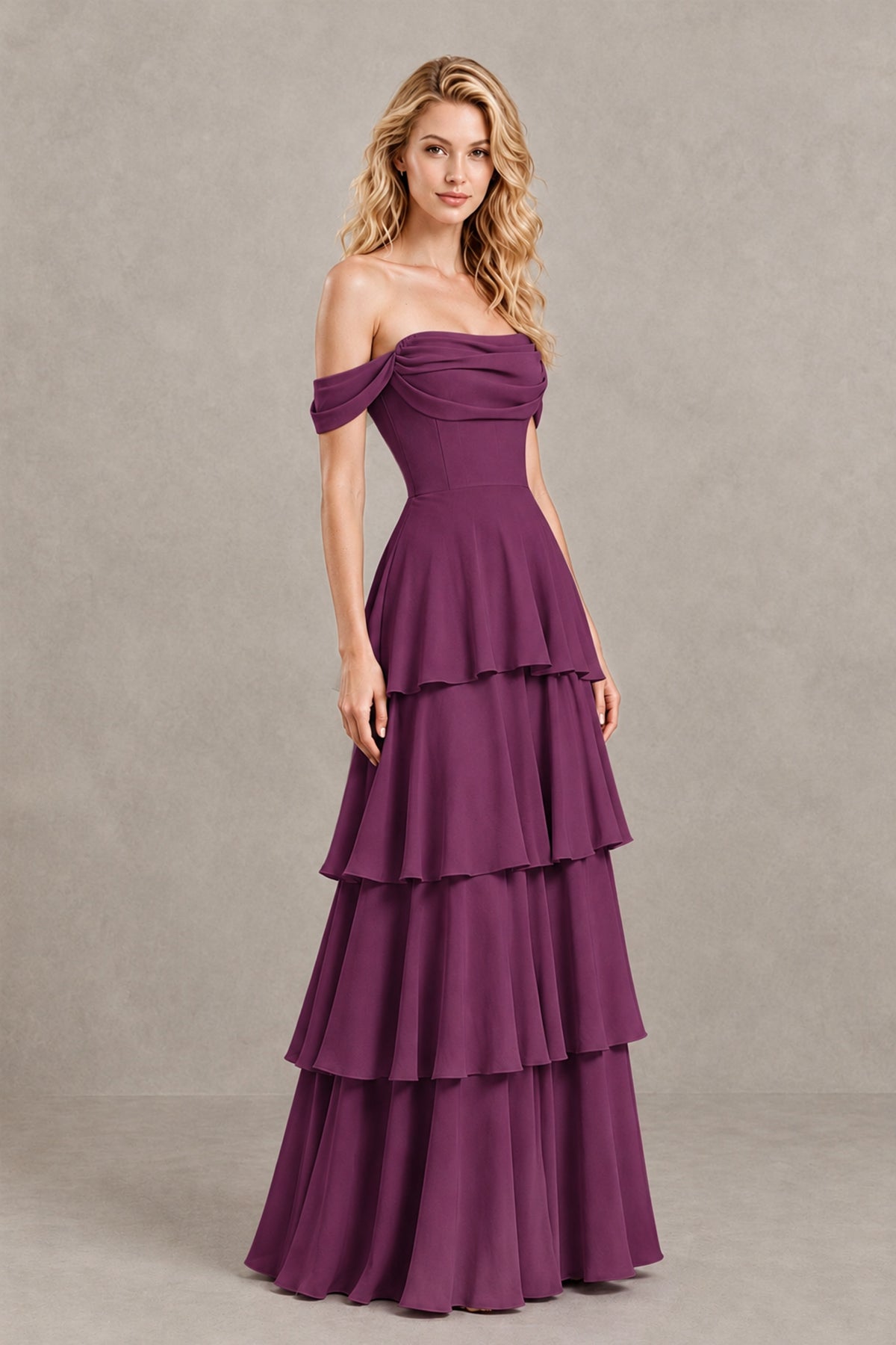 BOLODOO Plum Off-the-Shoulder Tiered A-Line Evening Bridesmaid Dress - Plum - Plum_3