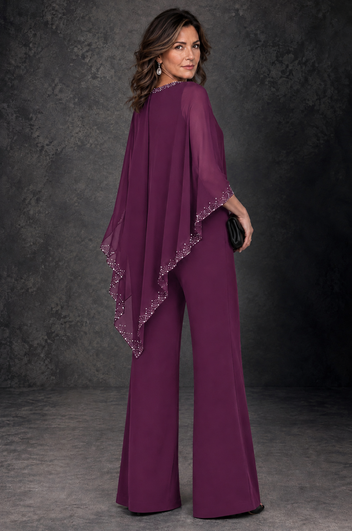 BOLODOO Plum Embellished Cape Mother of the Bride Pantsuit - Plum - Plum_3