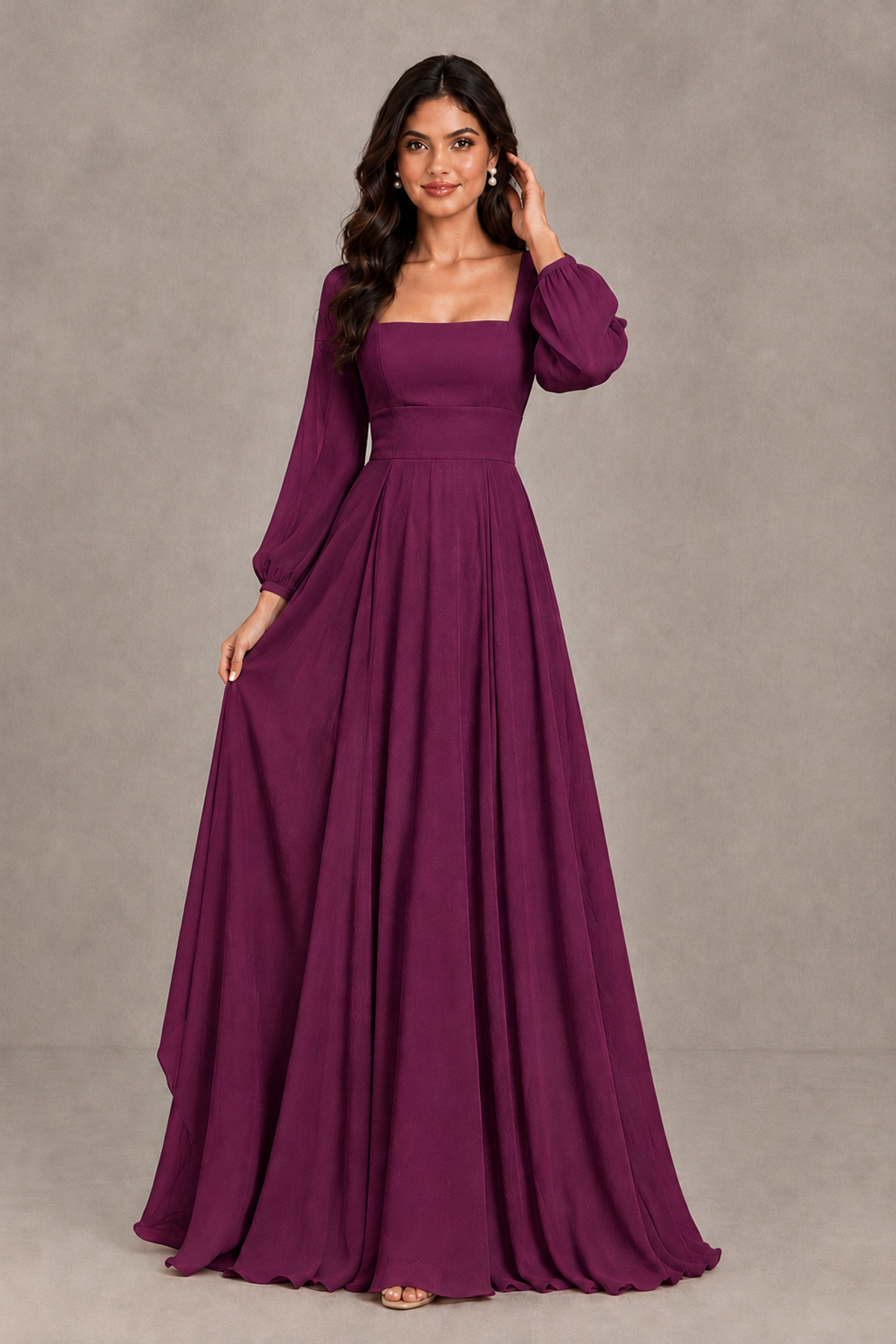BOLODOO Plum Square Neck Long Sleeve A-Line Bridesmaid Dress - Plum - Plum_3
