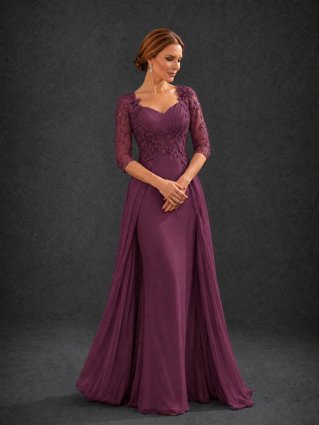 BOLODOO Plum Sweetheart Neck 3/4 Sleeve Floral Lace Illusion Bodice Chiffon A-Line Gown - Plum