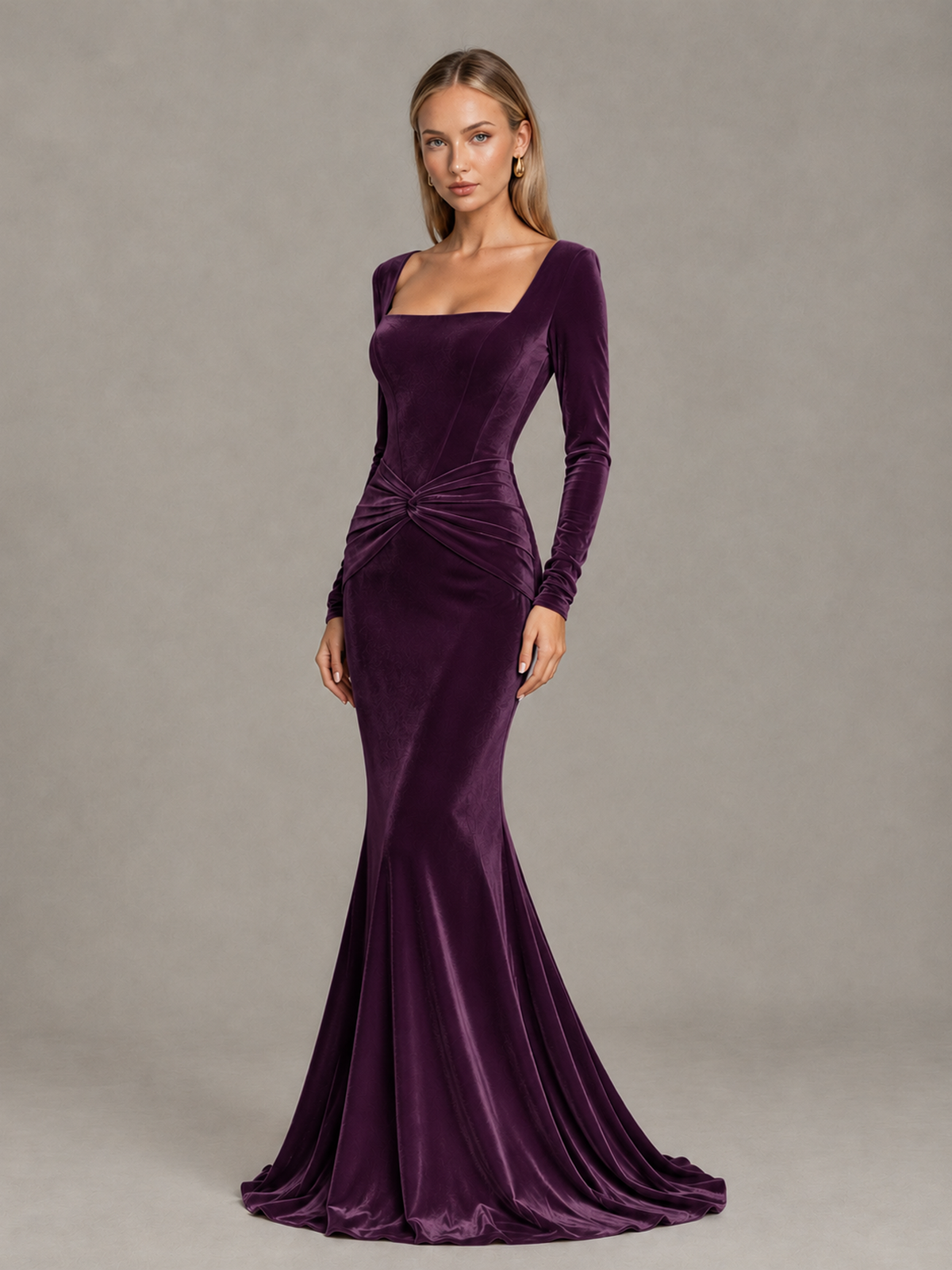 BOLODOO Plum Velvet-Look Square Neck Long Sleeve Mermaid Evening Dress - Plum - Plum_3
