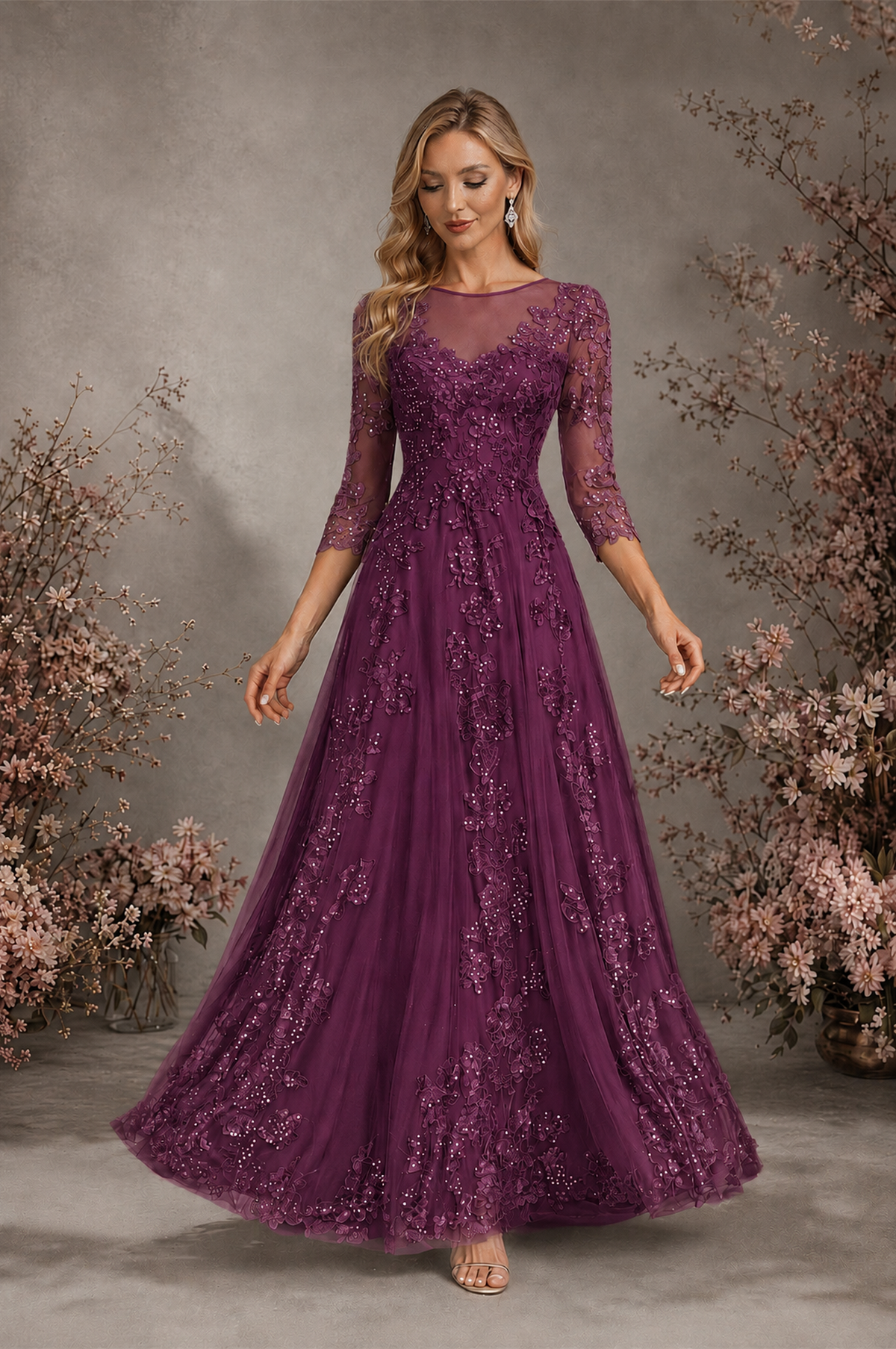 BOLODOO Plum Sequin Lace 3/4 Sleeve Open Back Formal Evening Gown - Plum