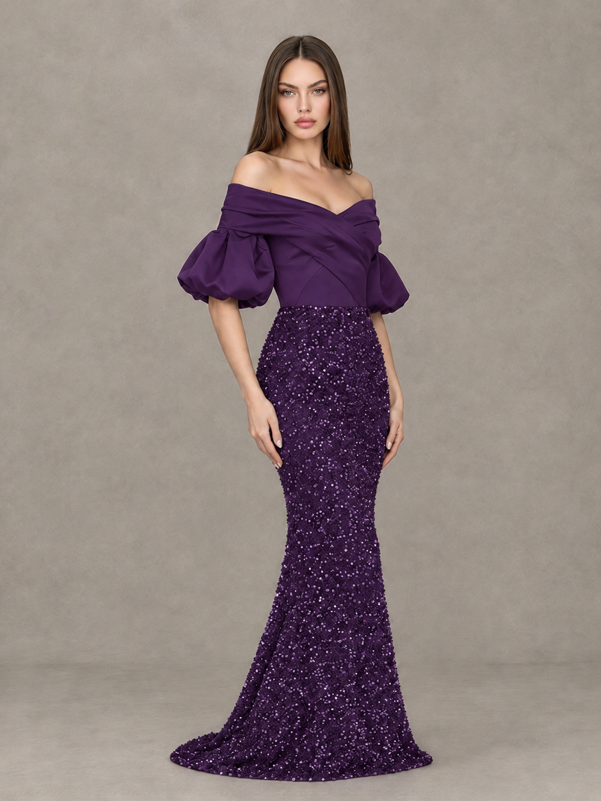 BOLODOO Plum Off-Shoulder Puff Sleeve Sequin Mermaid Evening Dress - Plum - Plum_3