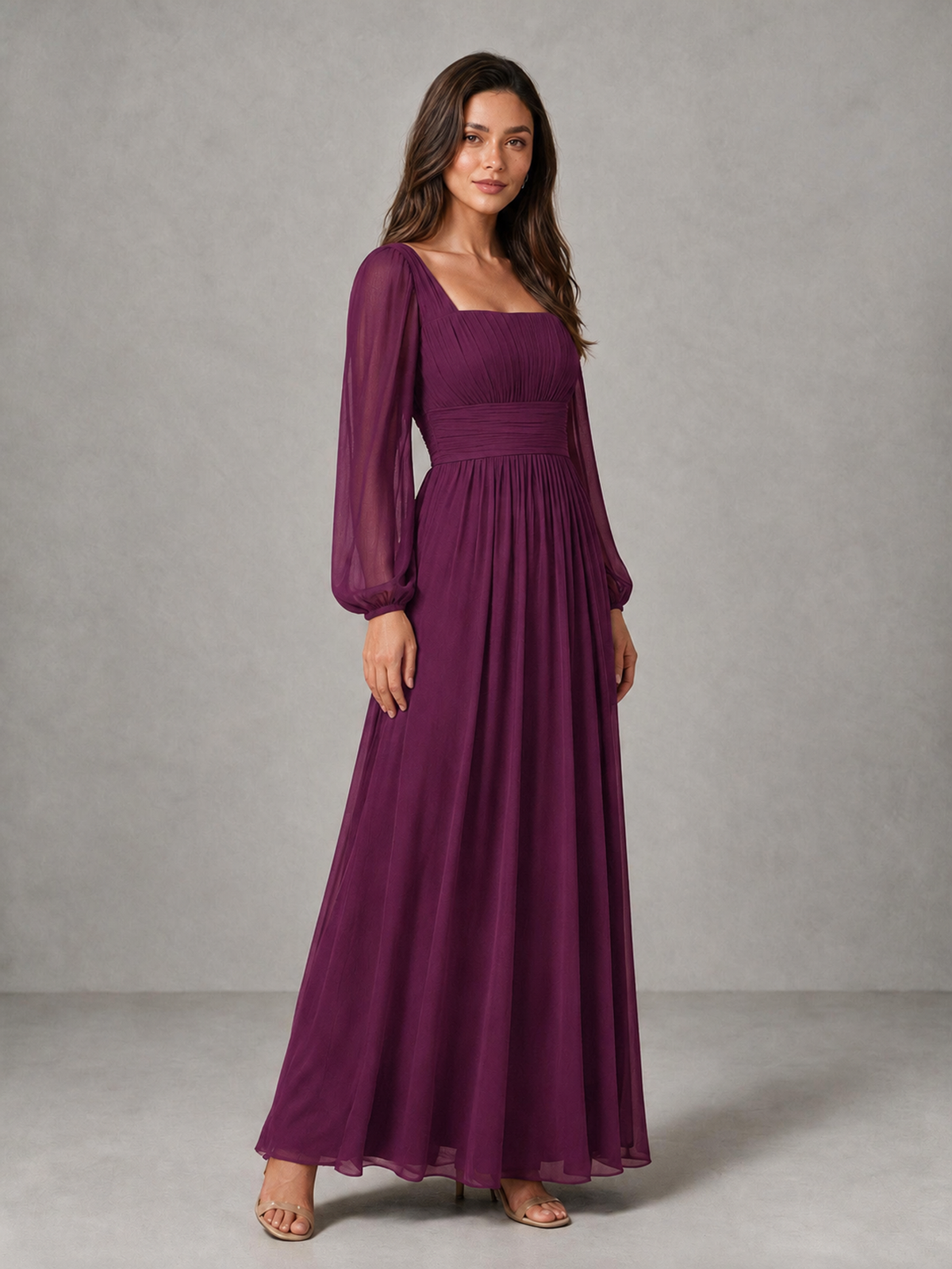 BOLODOO Plum Square Neck Long Sleeve Chiffon Bridesmaid Dress - Plum - Plum_3