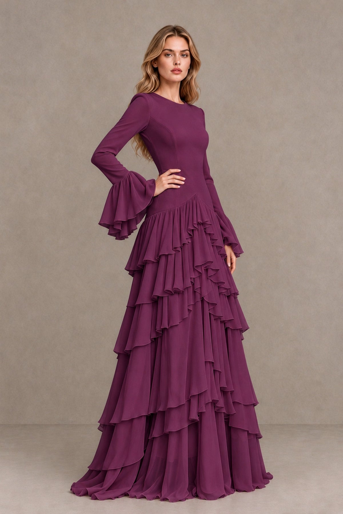 Plum Long Sleeve Tiered Ruffle Evening Gown - Plum - Plum_3
