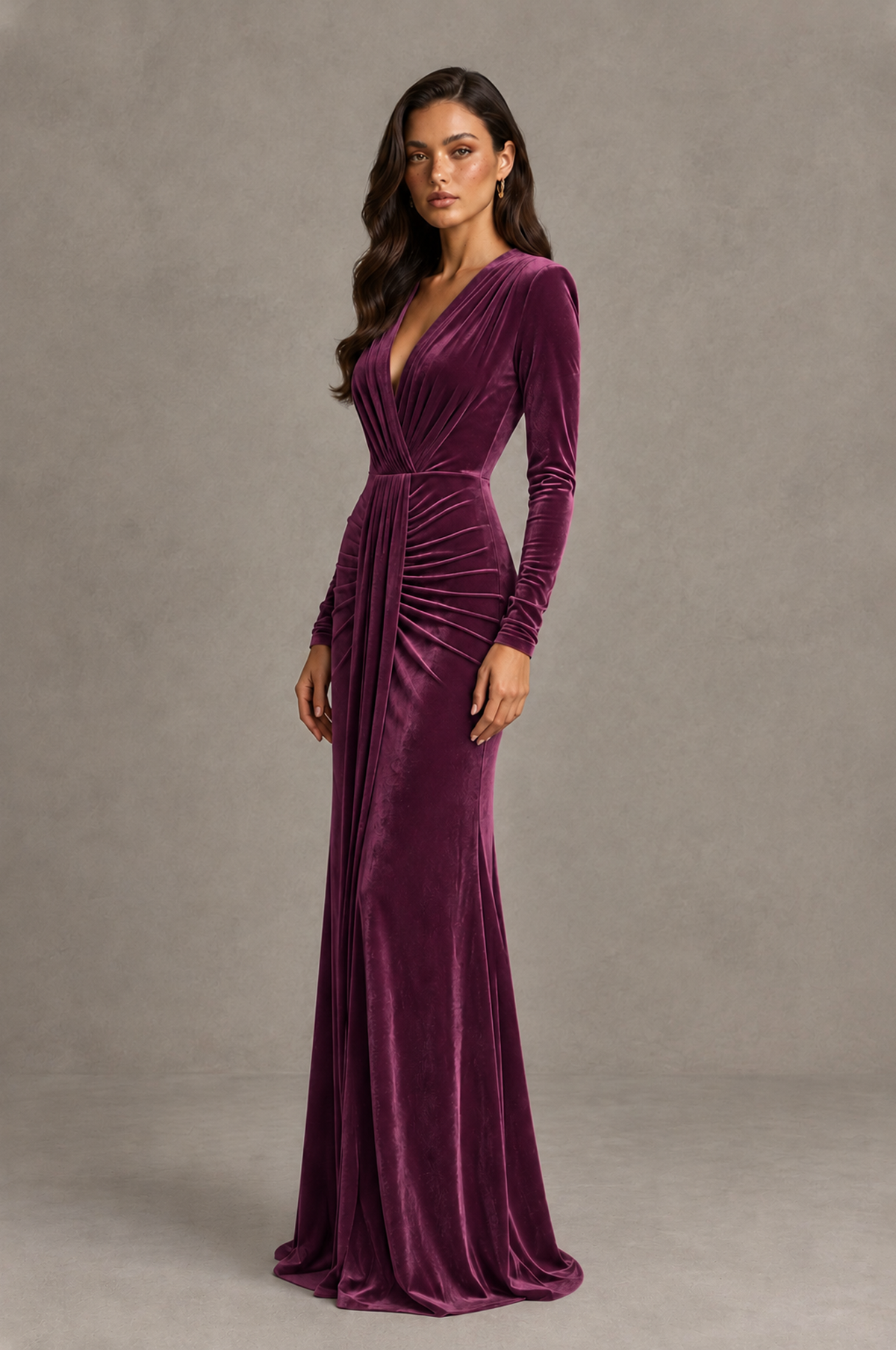 BOLODOO Plum Velvet Long Sleeve V-Neck Ruched Evening Gown - Plum