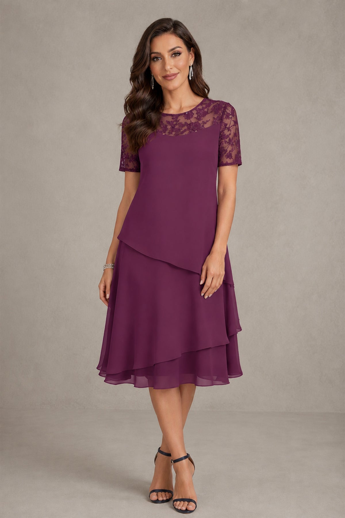 BOLODOO Plum Illusion Lace Short Sleeve Tiered Chiffon Tea Length Dress | Mother of the Bride Midi Dress - Plum