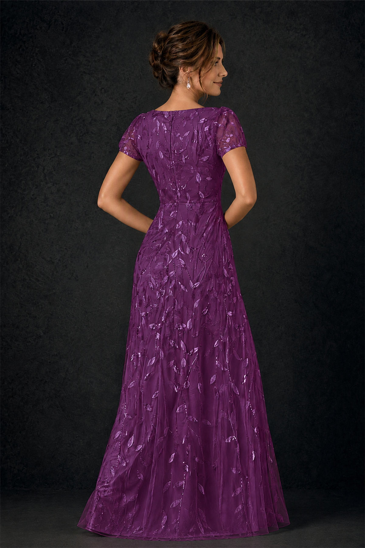 BOLODOO Plum Leaf Embroidered A-Line Formal Gown with Cap Sleeves - Plum - Plum_4