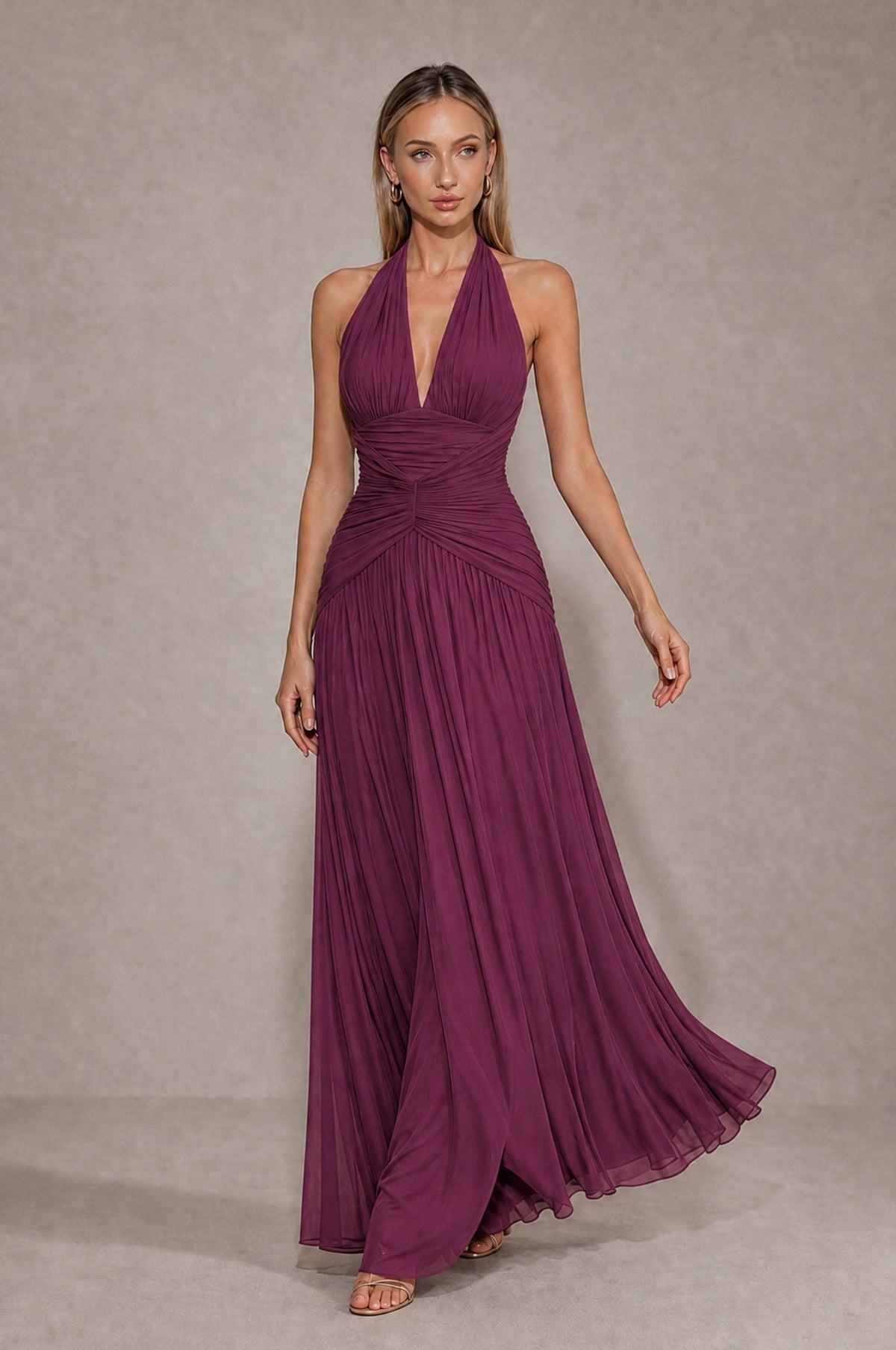 BOLODOO Plum Chiffon Halter Deep V-Neck Ruched A-Line Backless Maxi Dress with Train-BD0167 - Plum - Plum_4