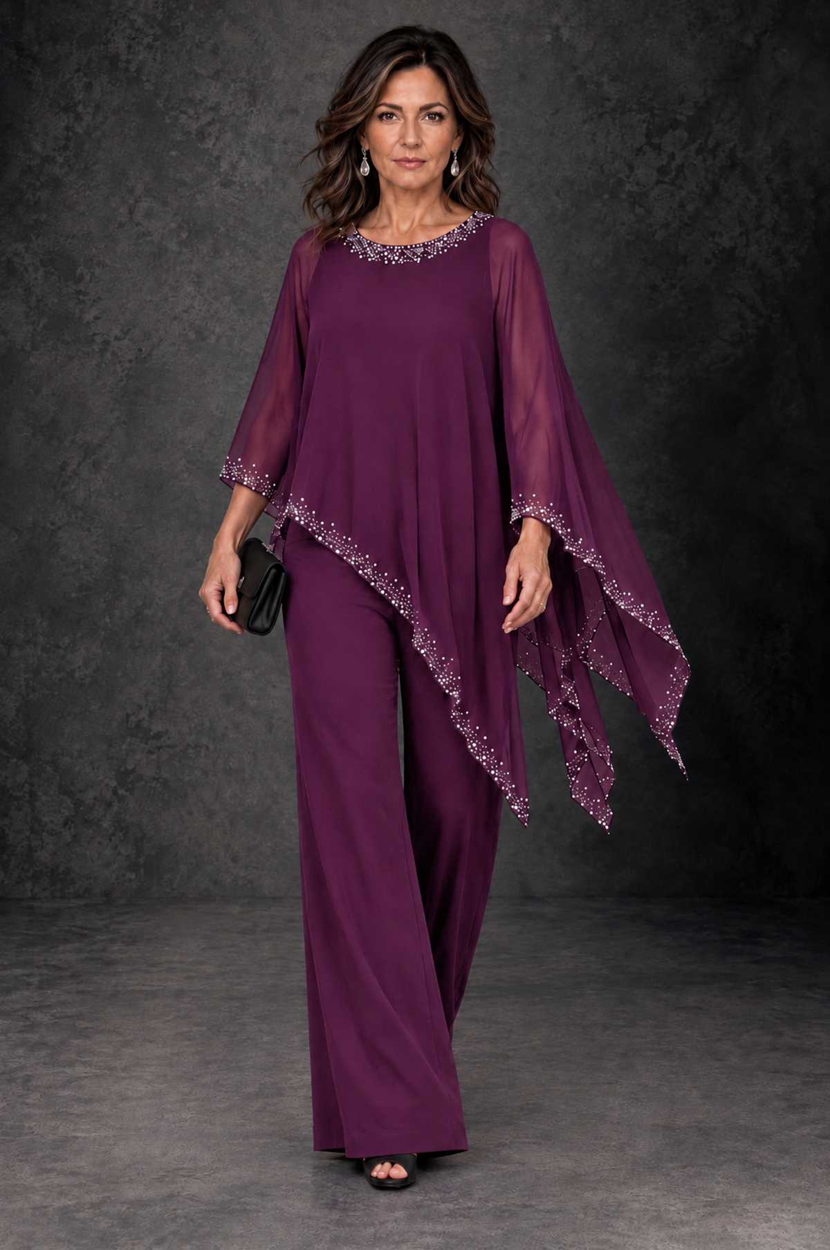 BOLODOO Plum Embellished Cape Mother of the Bride Pantsuit - Plum - Plum_4